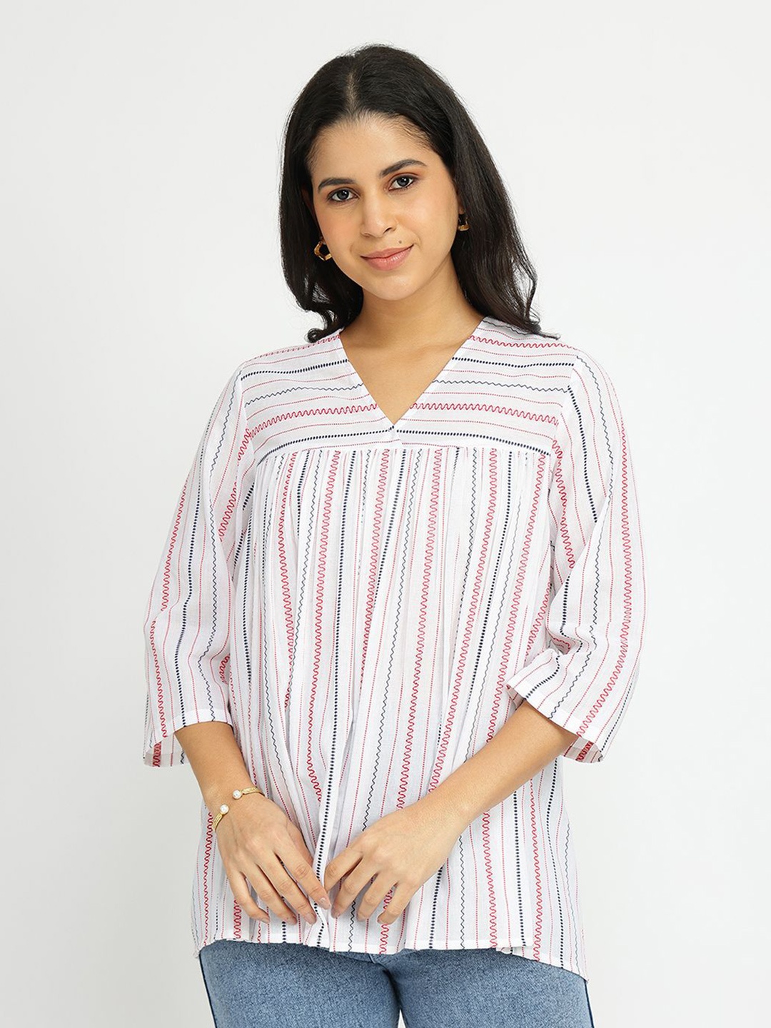 

Pink Fort Striped Cotton Top, White