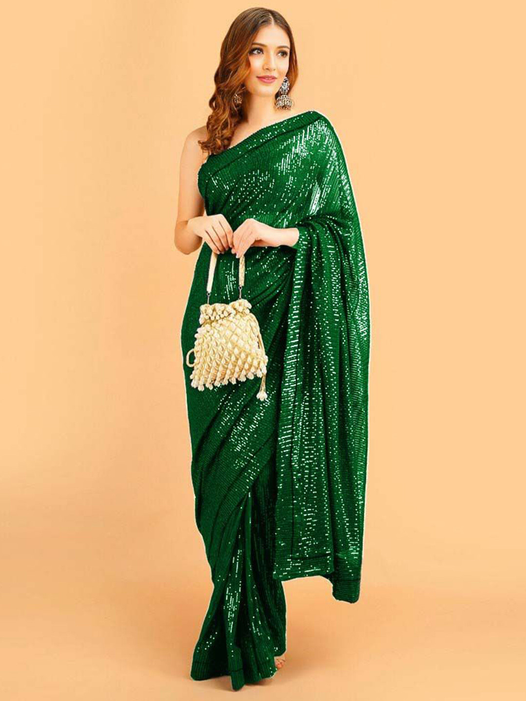 

ANJANI TEXTILE Embellished Sequinned Poly Georgette Saree, Green