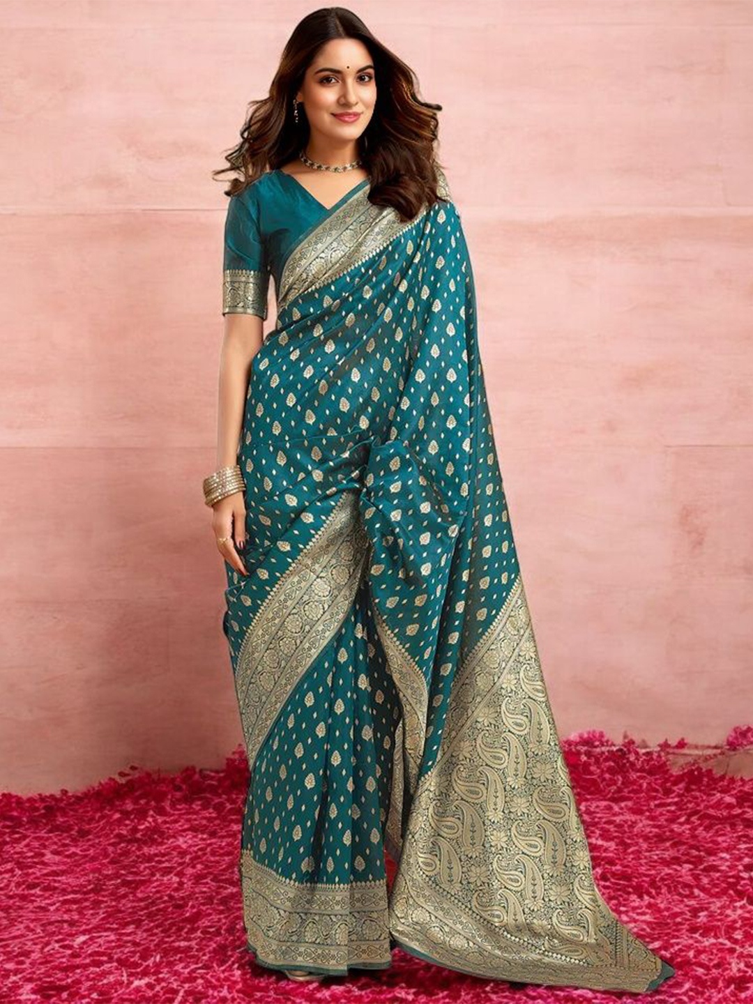 

KALINI Woven Design Zari Silk Blend Banarasi Saree, Teal