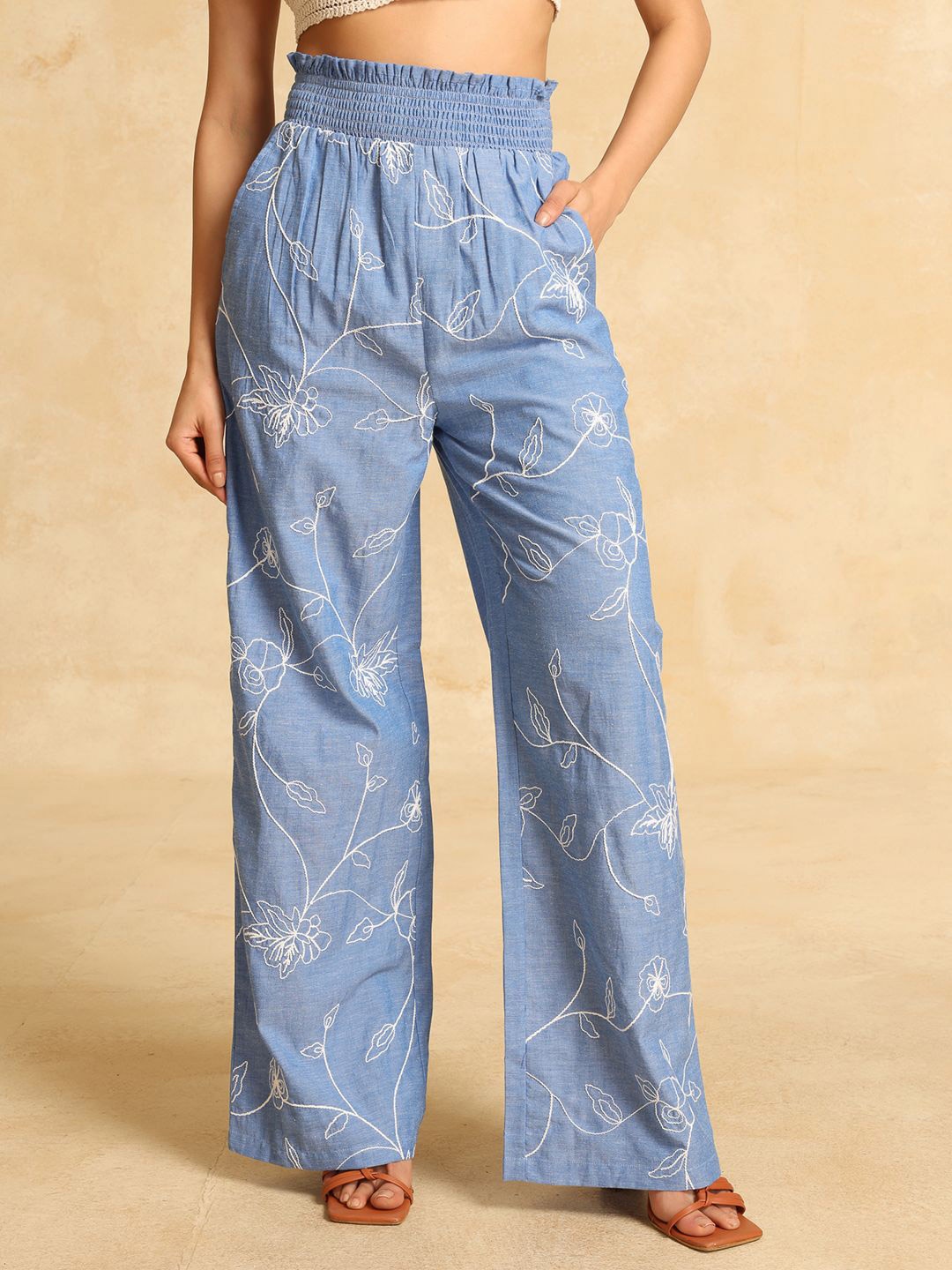 

Kazo Women Tie and Dye Embroidered Relaxed High-Rise Trousers, Blue