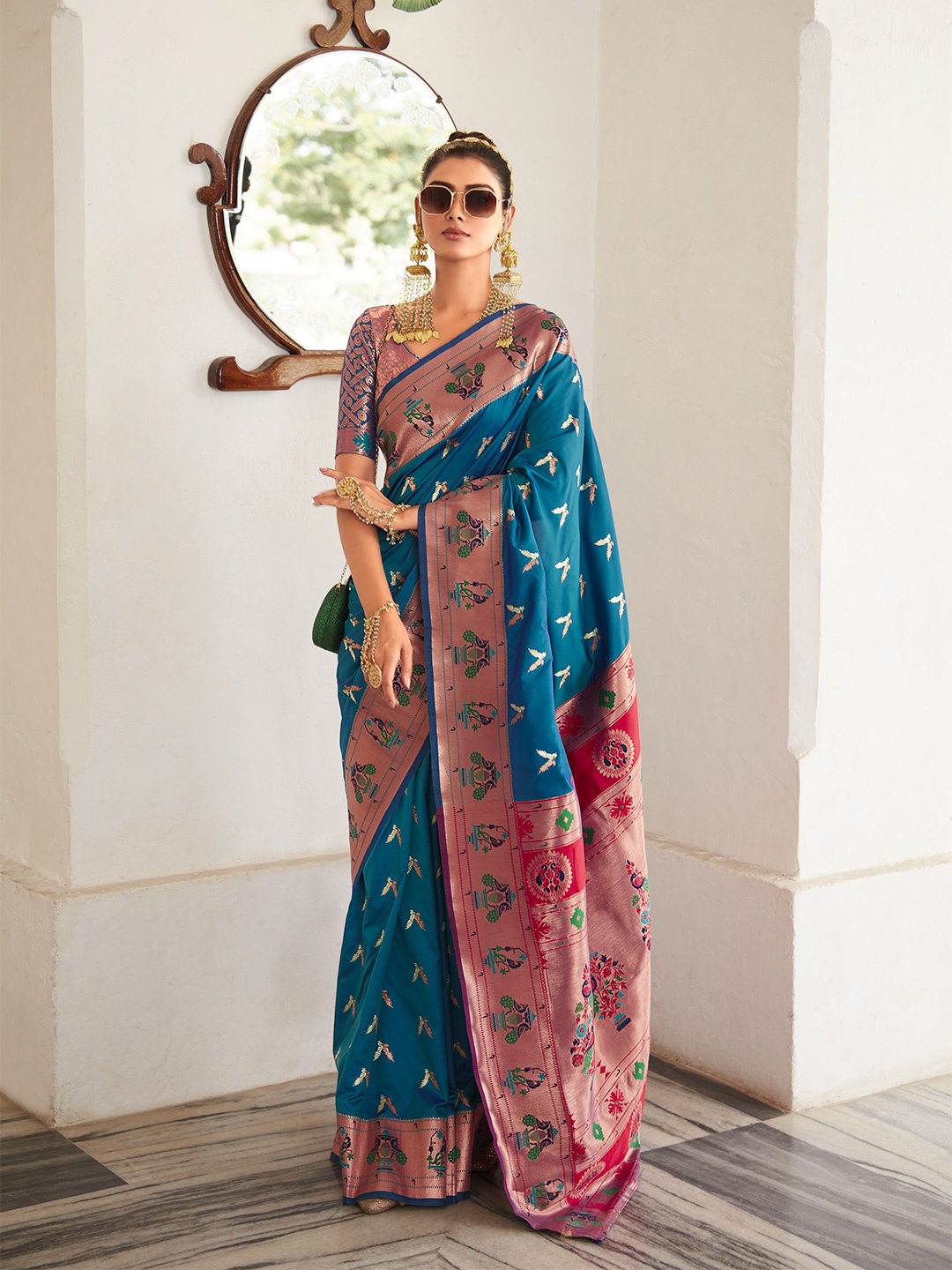 

MAHALASA Woven Design Zari Pure Silk Paithani Saree, Turquoise blue
