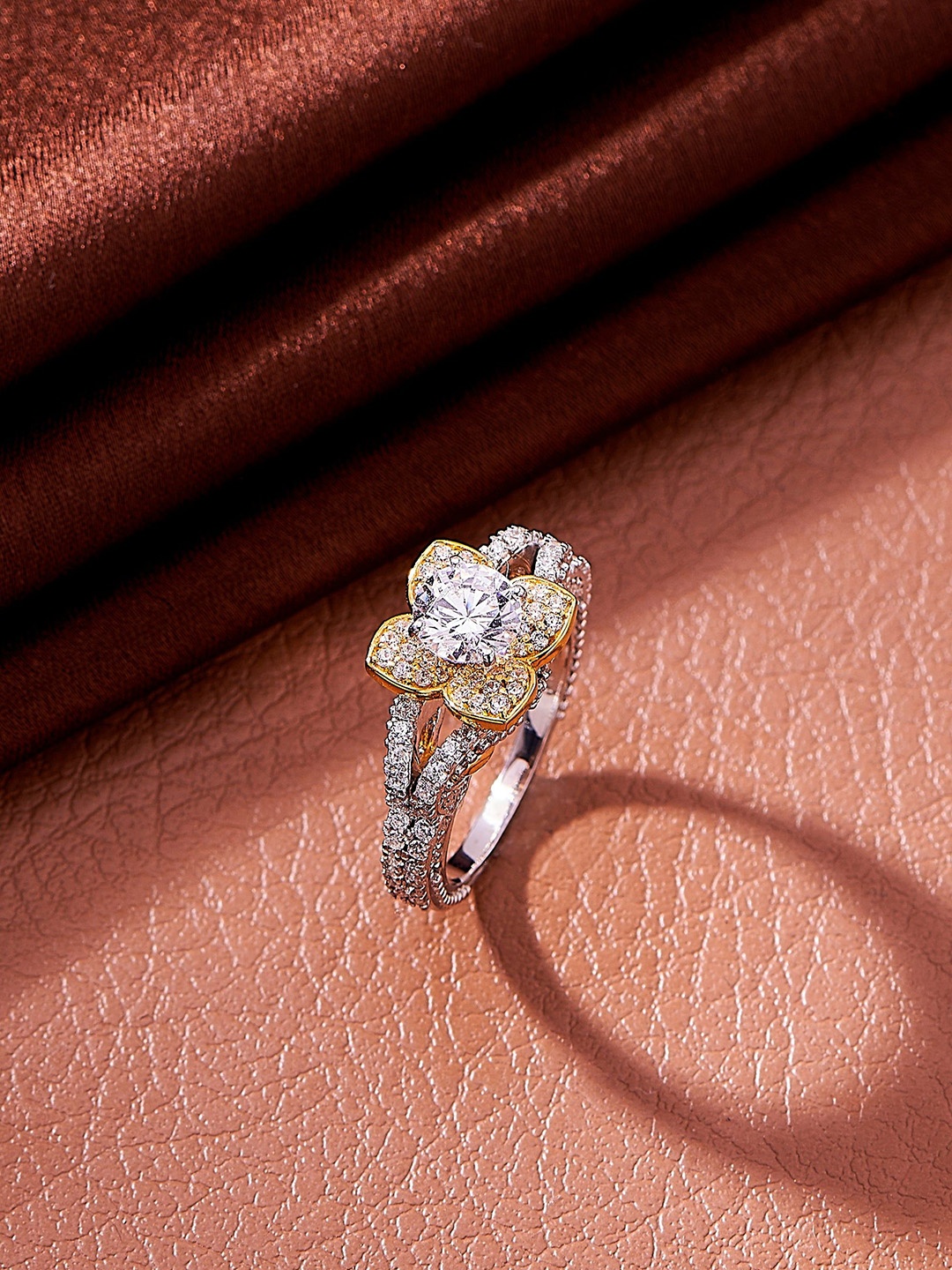 

Nipura 925 Sterling Silver Rhodium-Plated Golden Bloom Finger Ring
