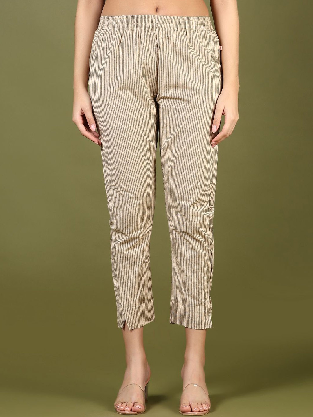 

V-Mart Women Textured Striped Trousers, Beige