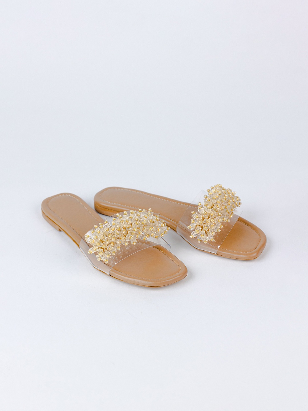 

NELCOZ Women Embellished Open Toe Flats, Brown