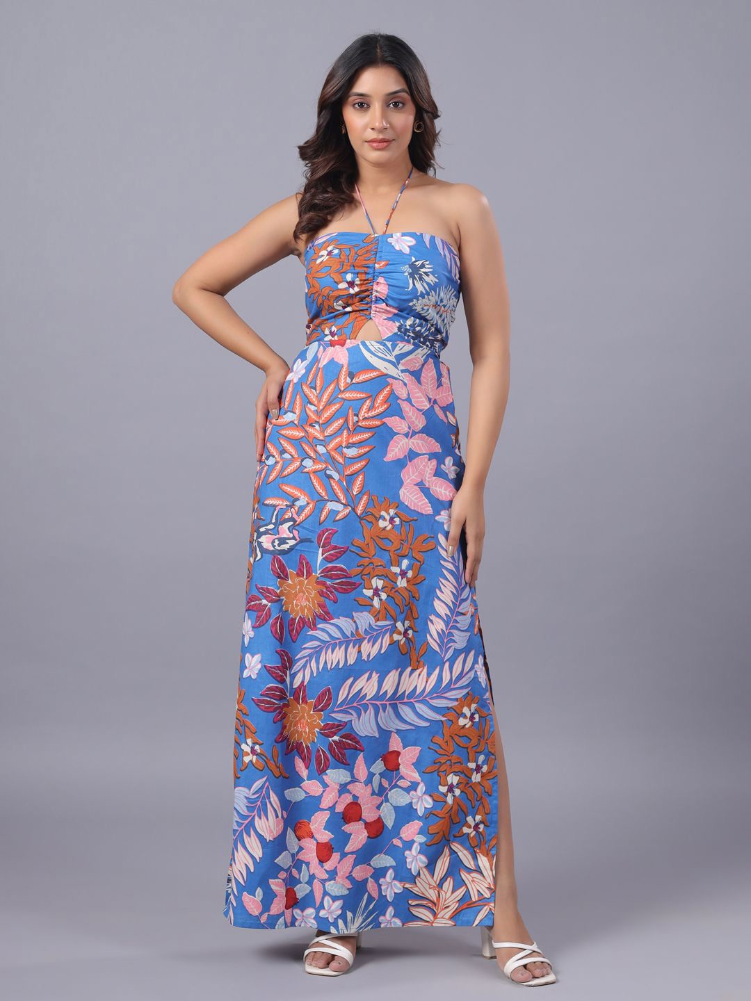 

June 9 Clothing Floral Print Tie-Up Neck Bodycon Maxi Dress, Blue