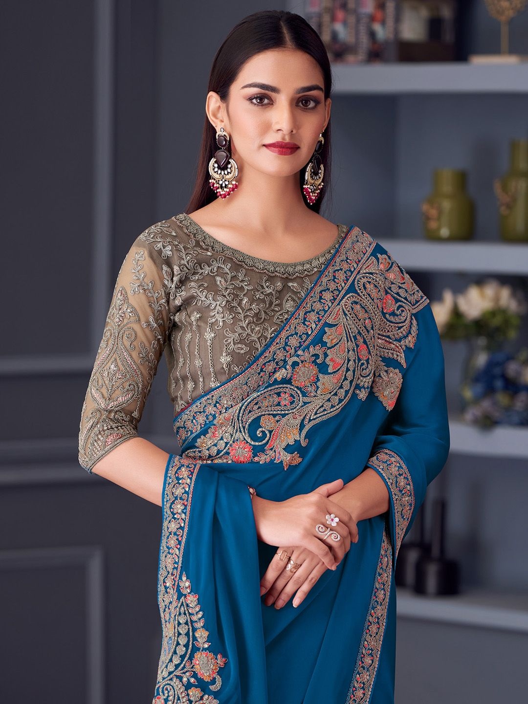 

Mitera Embellished Embroidered Satin Designer Saree, Blue