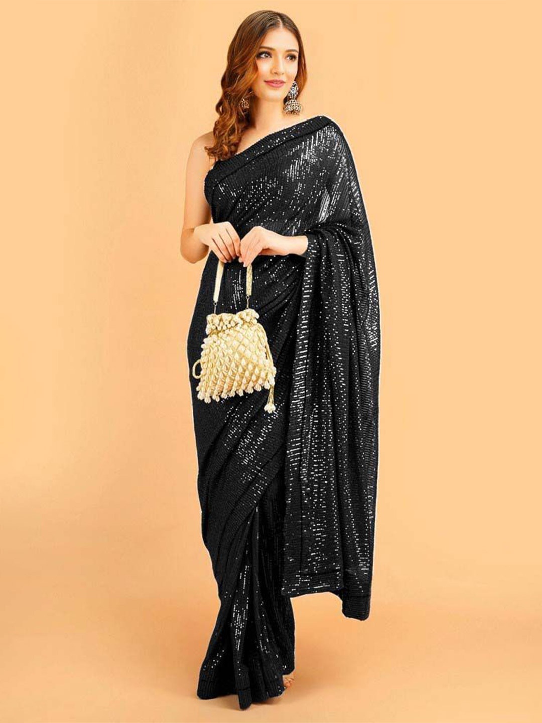 

ANJANI TEXTILE Embellished Sequinned Poly Georgette Saree, Black