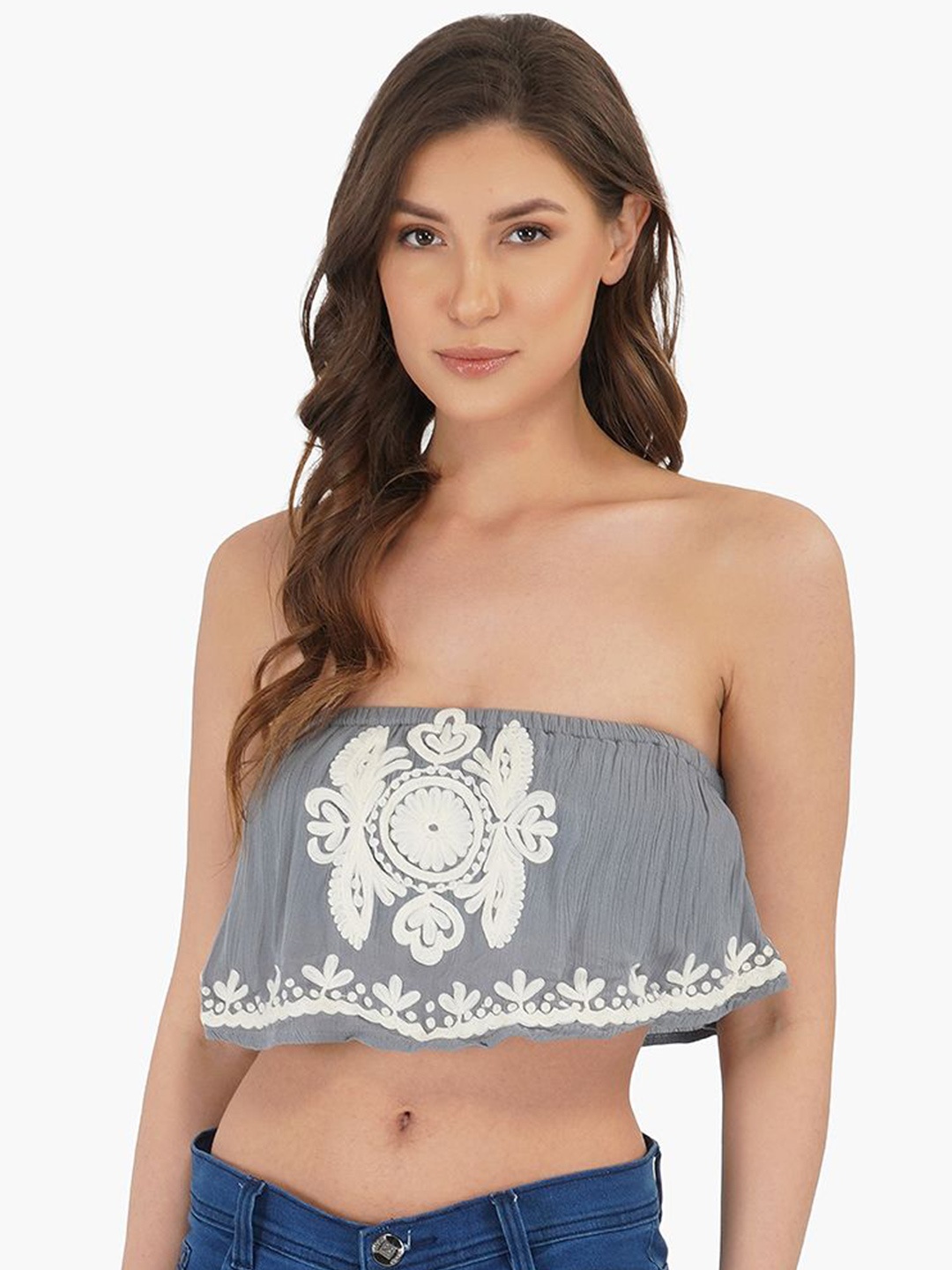 

SZN Floral Embroidered Off-Shoulder Cotton Top, Grey