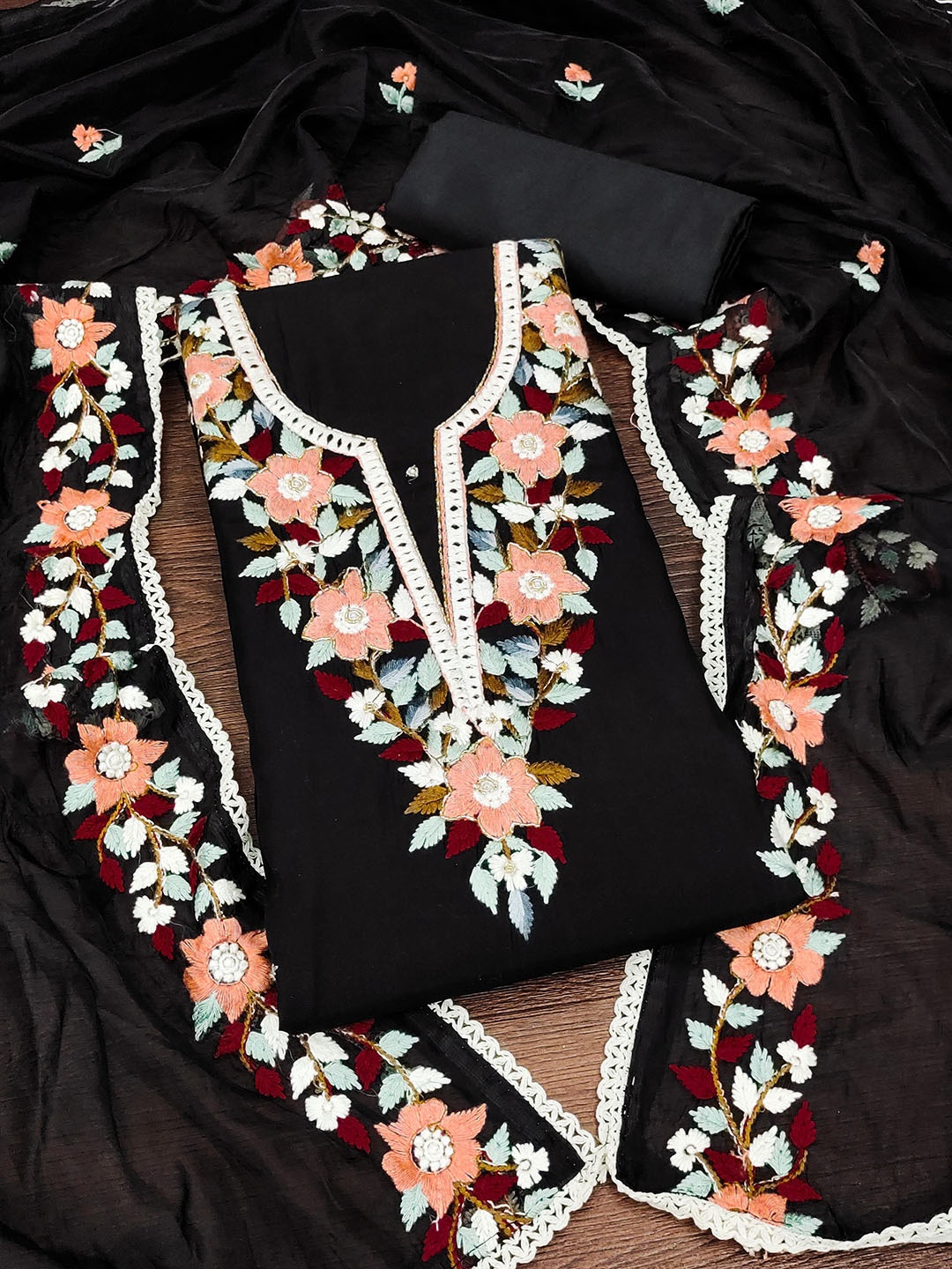 

SHADOW & SAINING Embroidered Pure Silk Semi-Stitched Dress Material, Black
