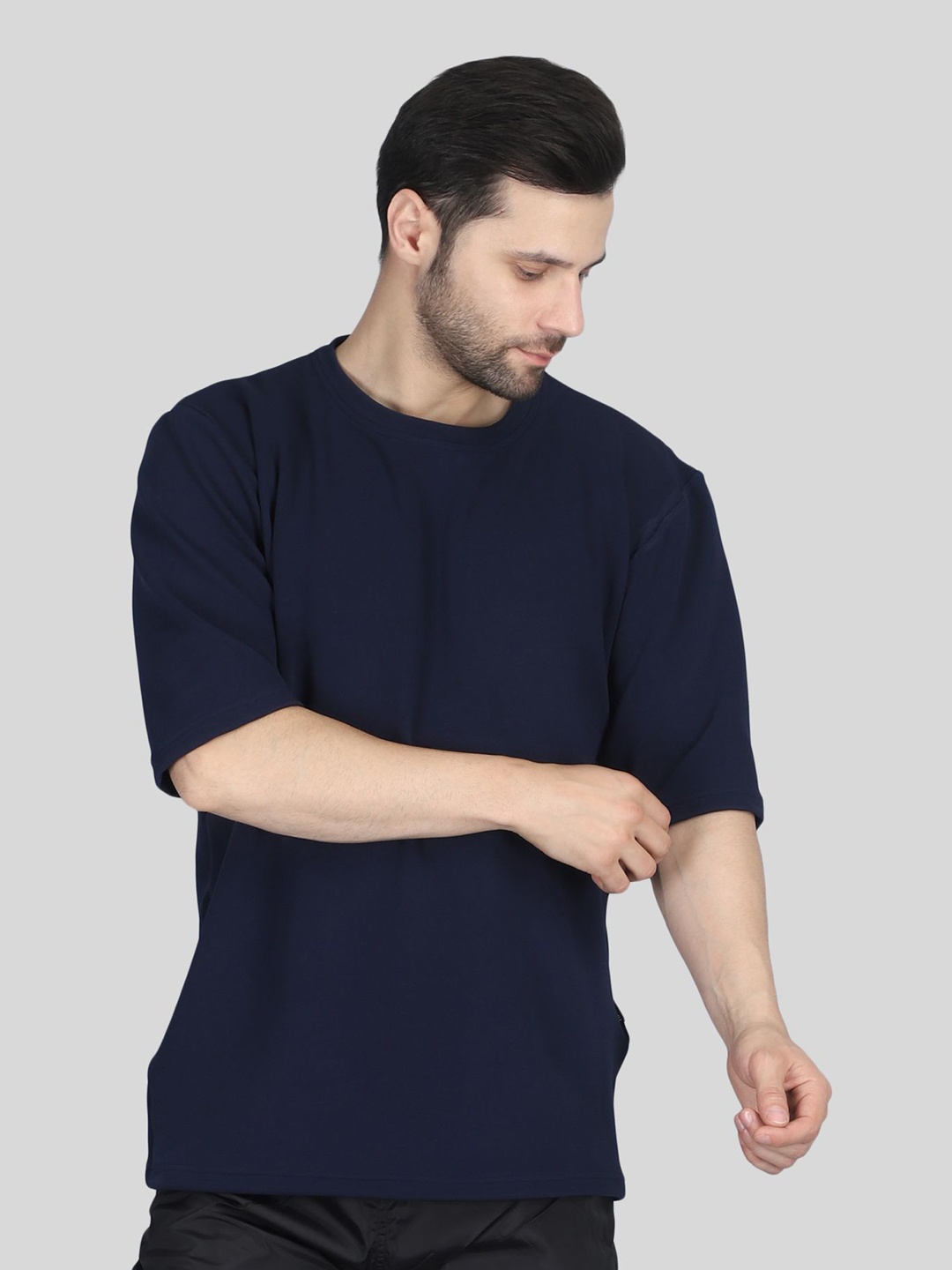 

Raxedo Men Dry-Fit Corduroy Solid Round Neck T-Shirt, Navy blue