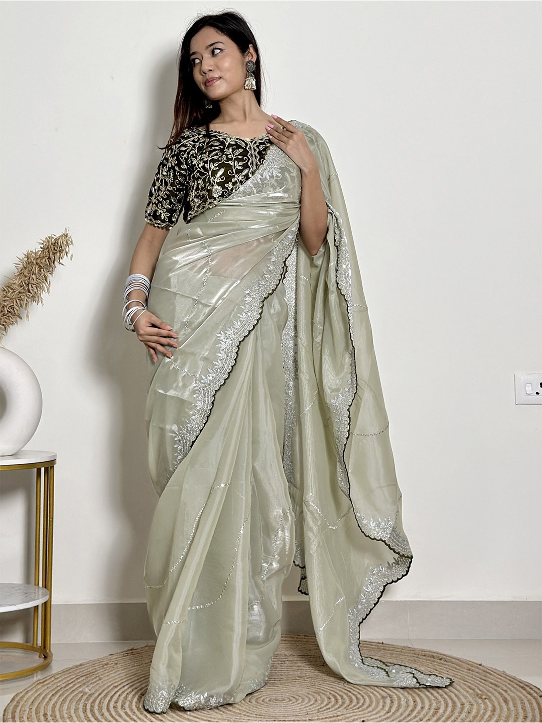 

LeeliPeeri Designer Sequinned Art Silk Designer Saree, Olive
