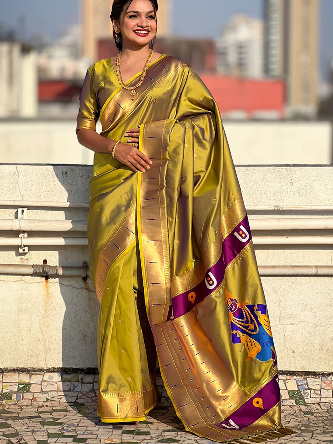 

all about you Woven Design Silk Blend Paithani Saree, Olive