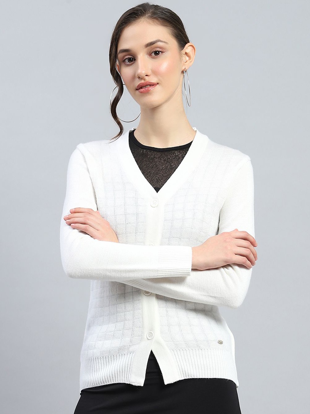 

Monte Carlo Women Striped Woollen Cardigan, Off white