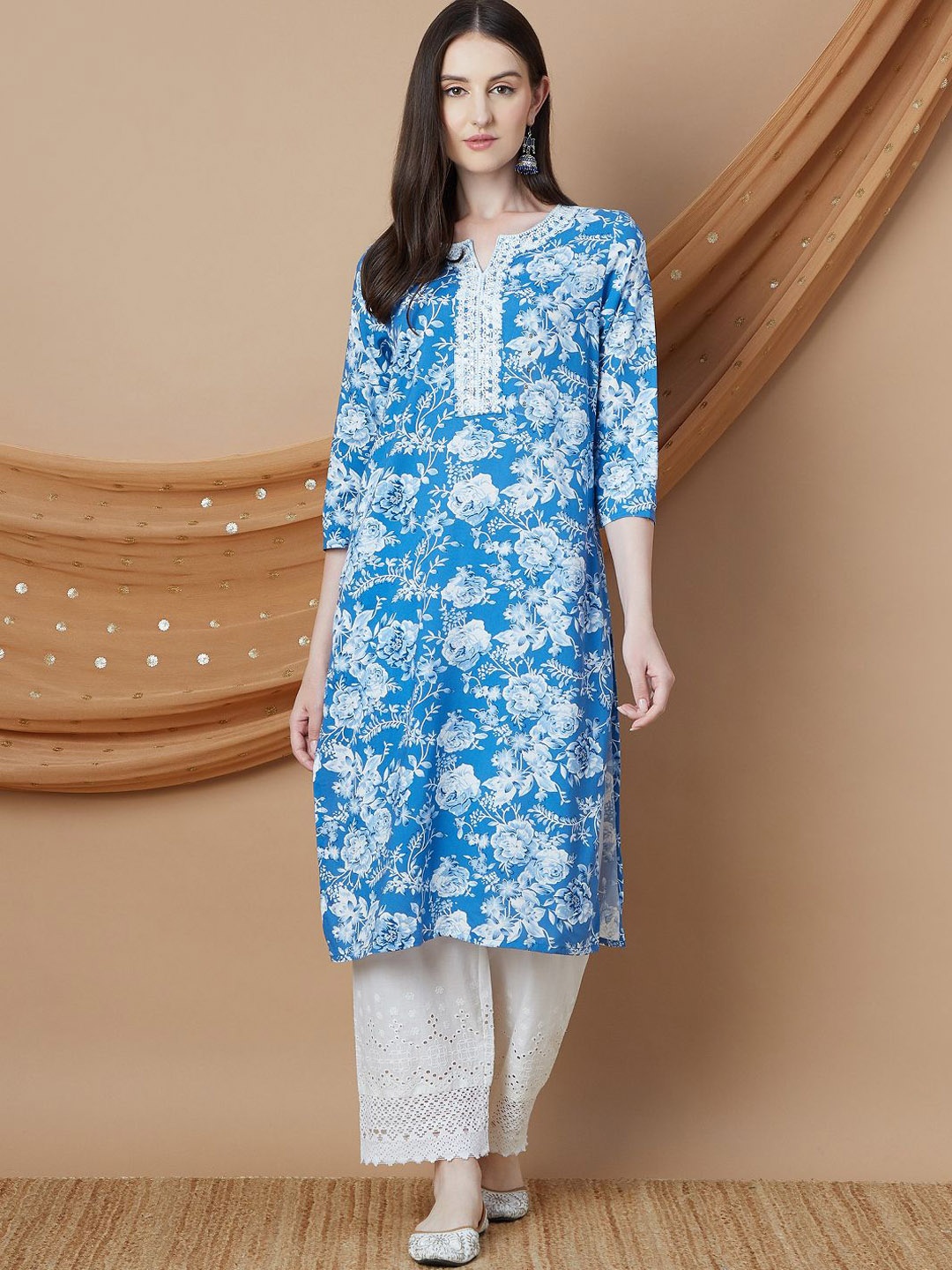 

Melange by Lifestyle Women Floral Printed Keyhole Neck Flared Sleeves Thread Work Kurta, Blue