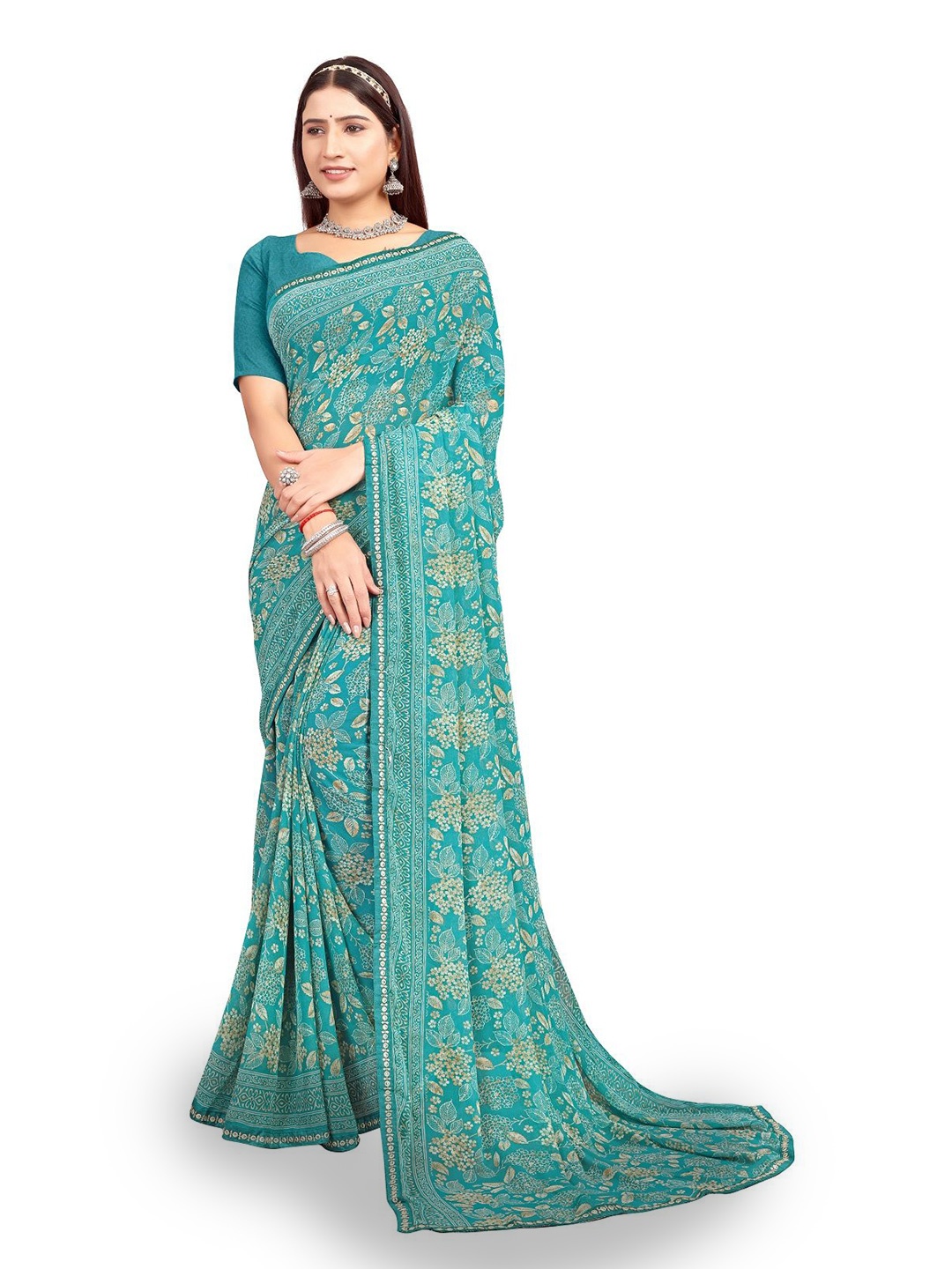 

shree krishna fashion Floral Art Silk Saree, Teal