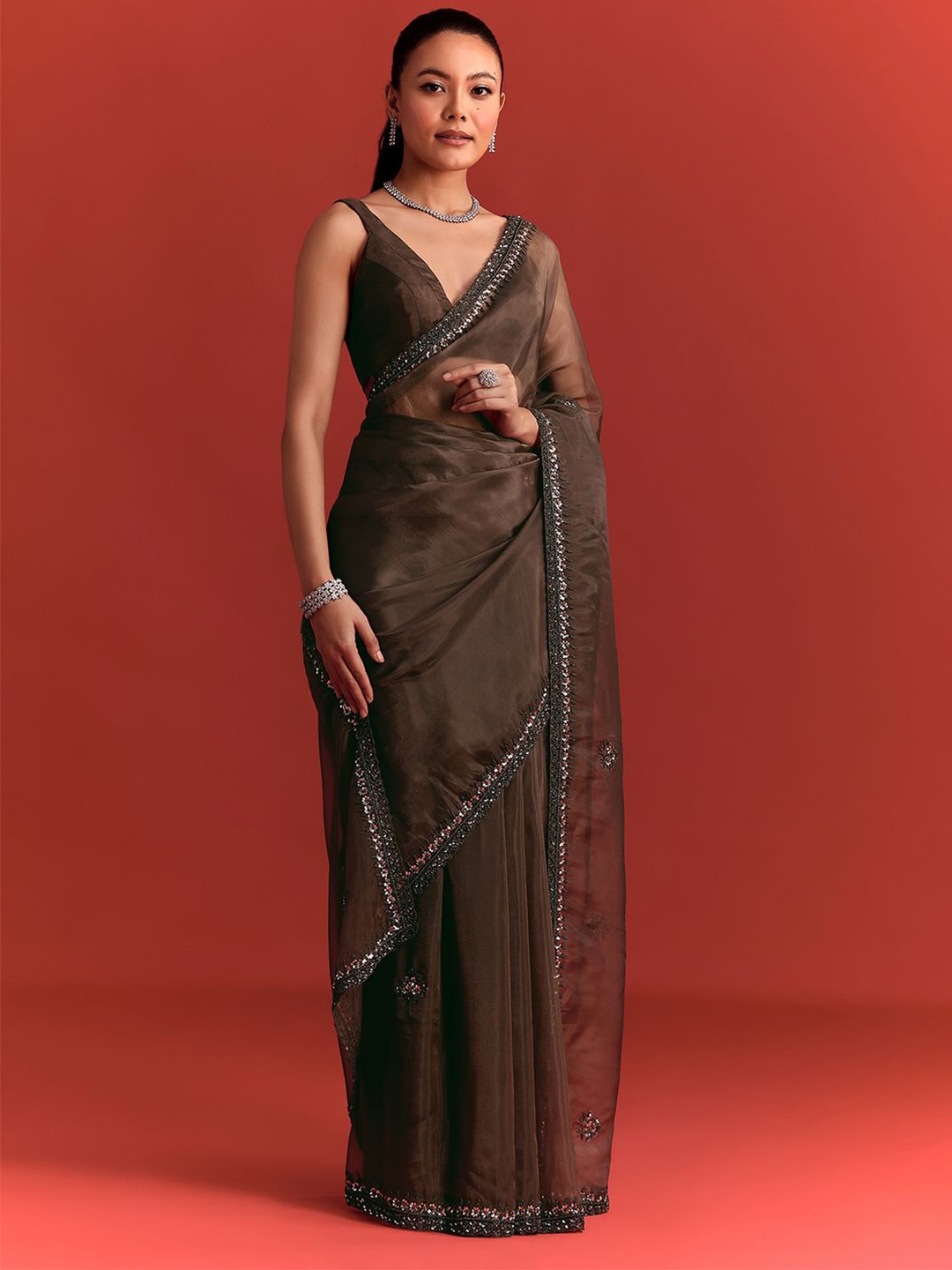 

KALKI Fashion Floral Tissue Ready To Wear Saree, Brown