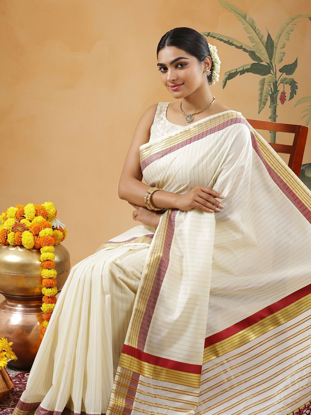 

Kalyan Silks Striped Pure Cotton Kasavu Saree, Off white