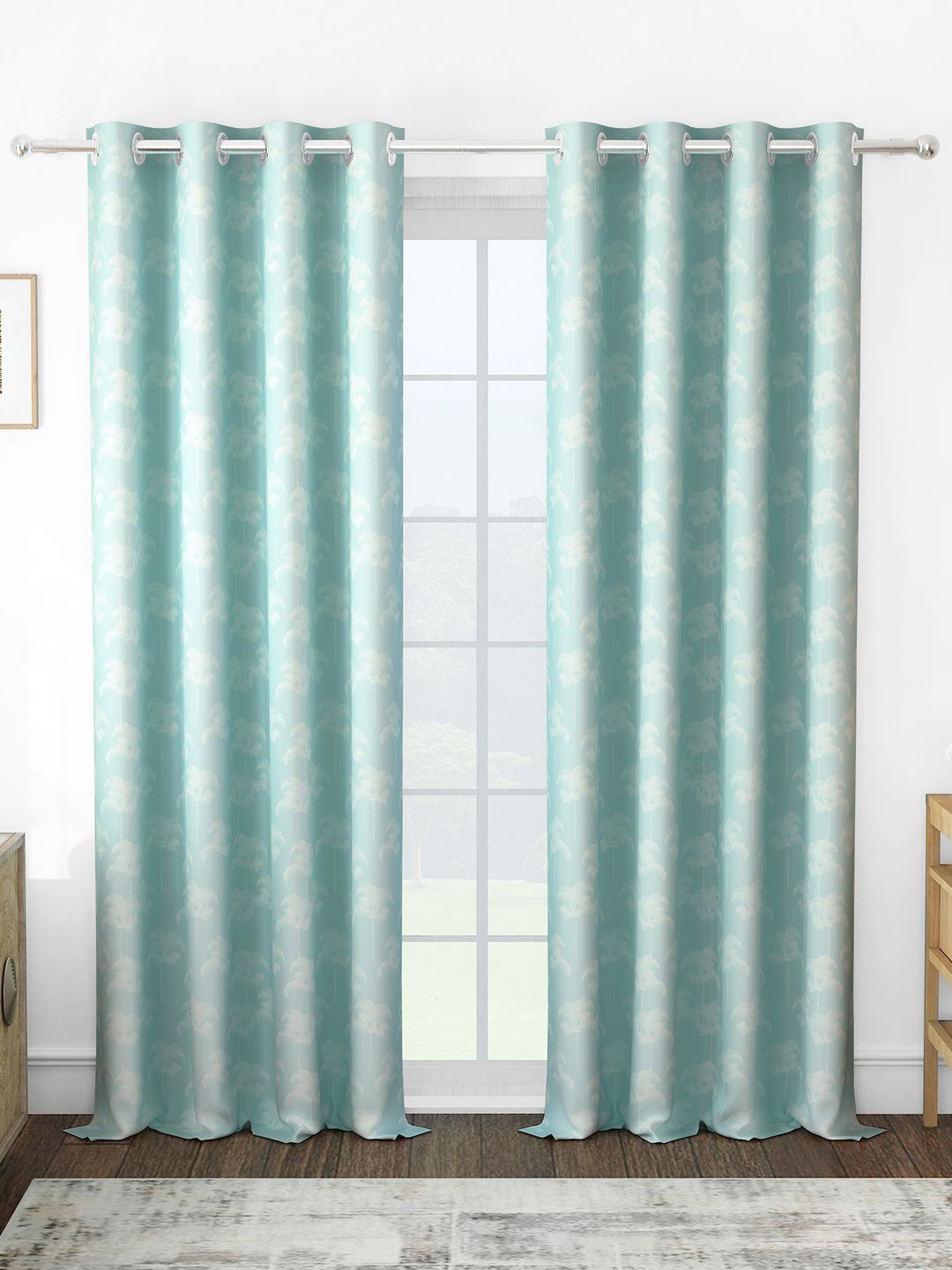 

Story@home Turquoise Blue & White Set of 2 Floral Room Darkening Door Curtain