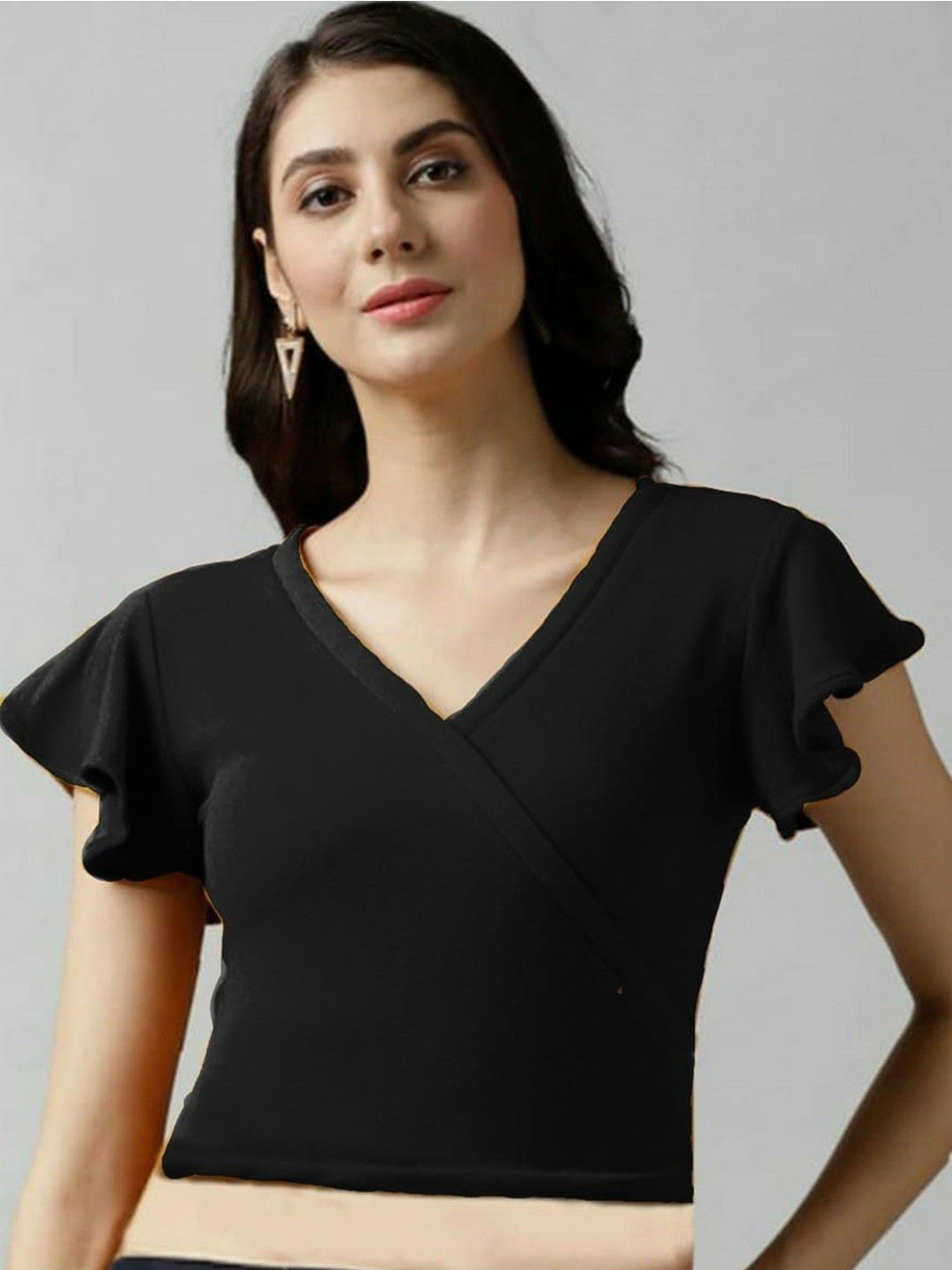 

NiloBerry Flutter Sleeve Wrap Crop Top, Black