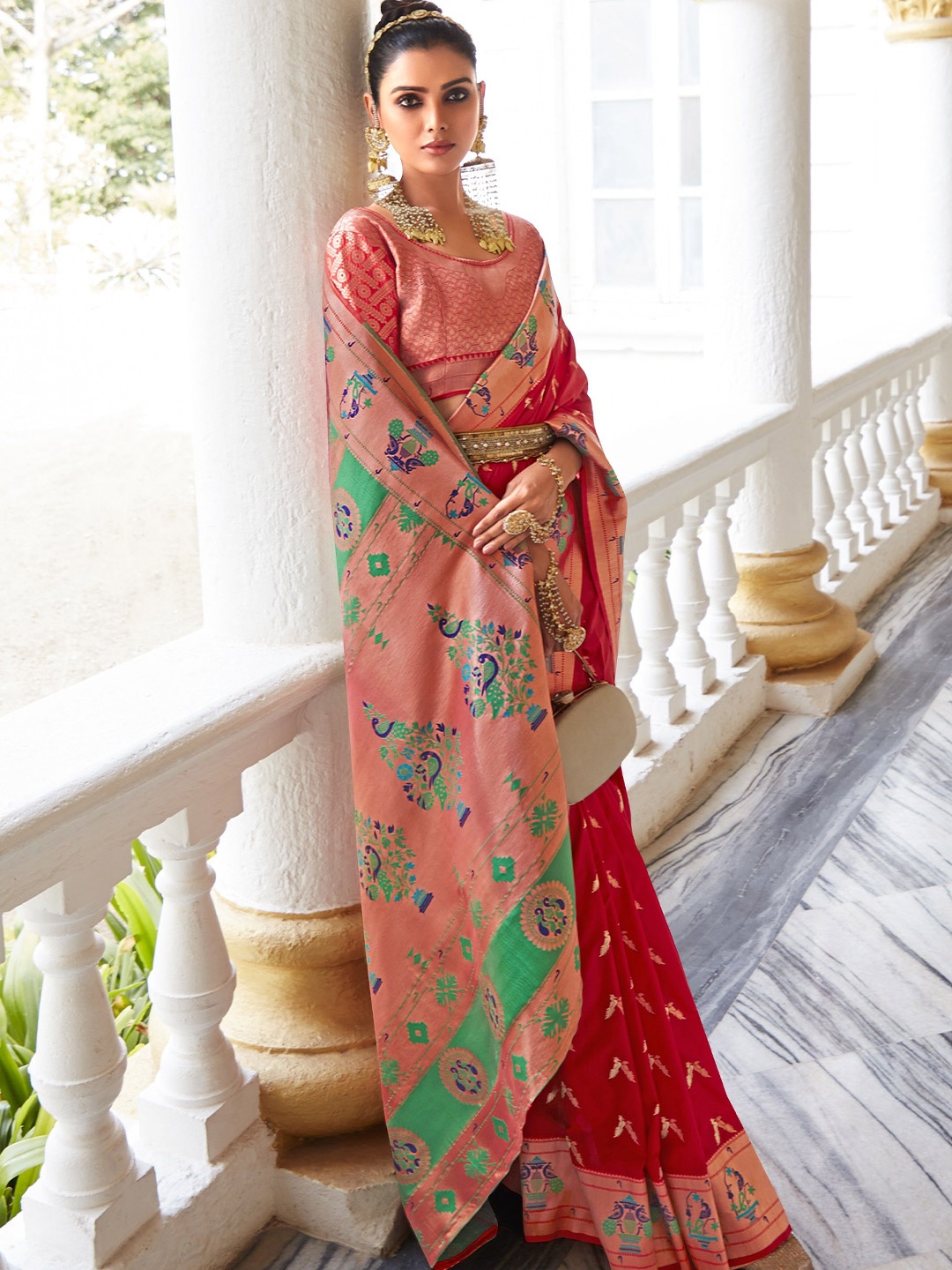 

MAHALASA Woven Design Zari Pure Silk Paithani Saree, Red