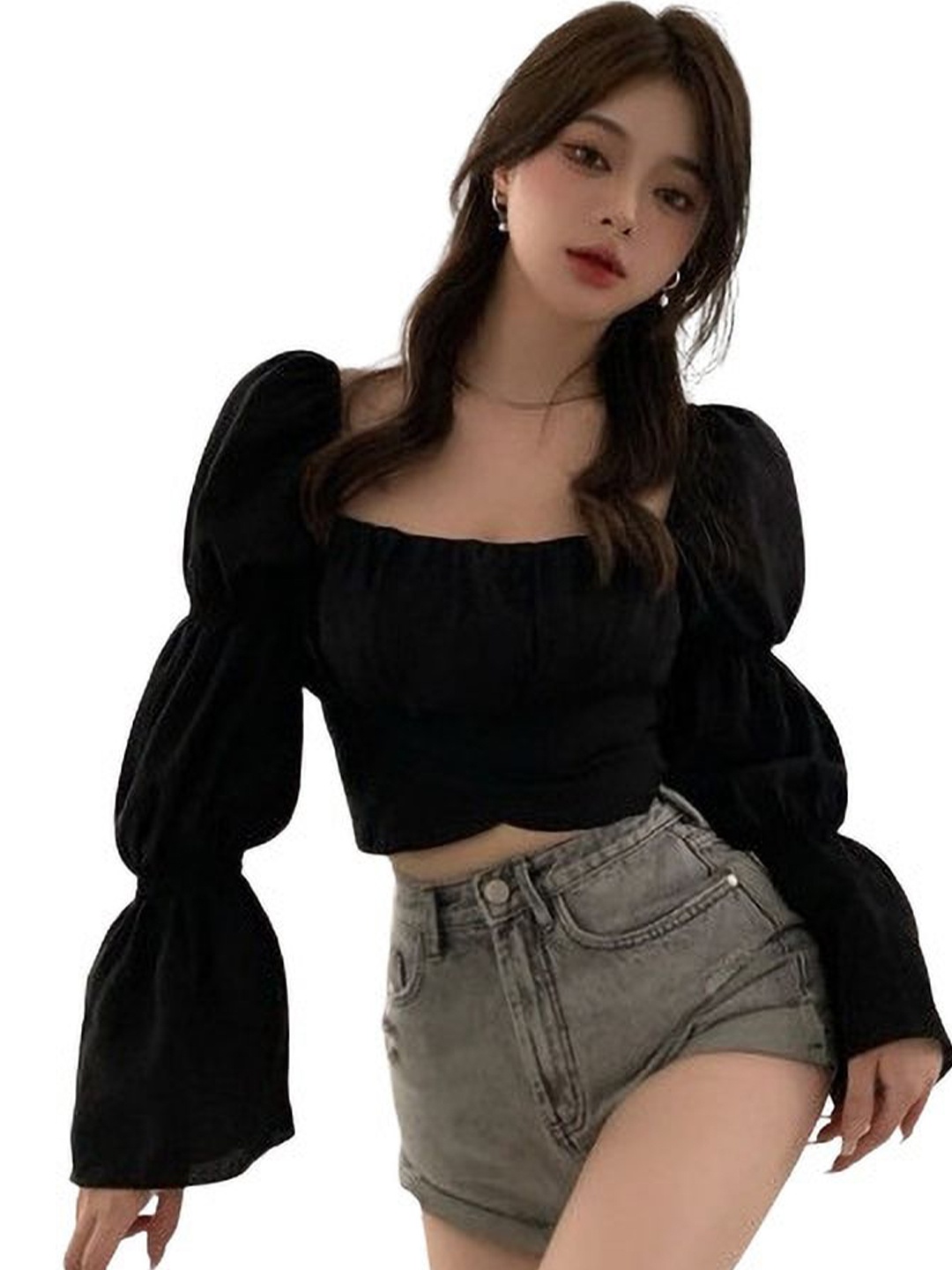 

NiloBerry Off-Shoulder Puff Sleeve Crop Top, Black