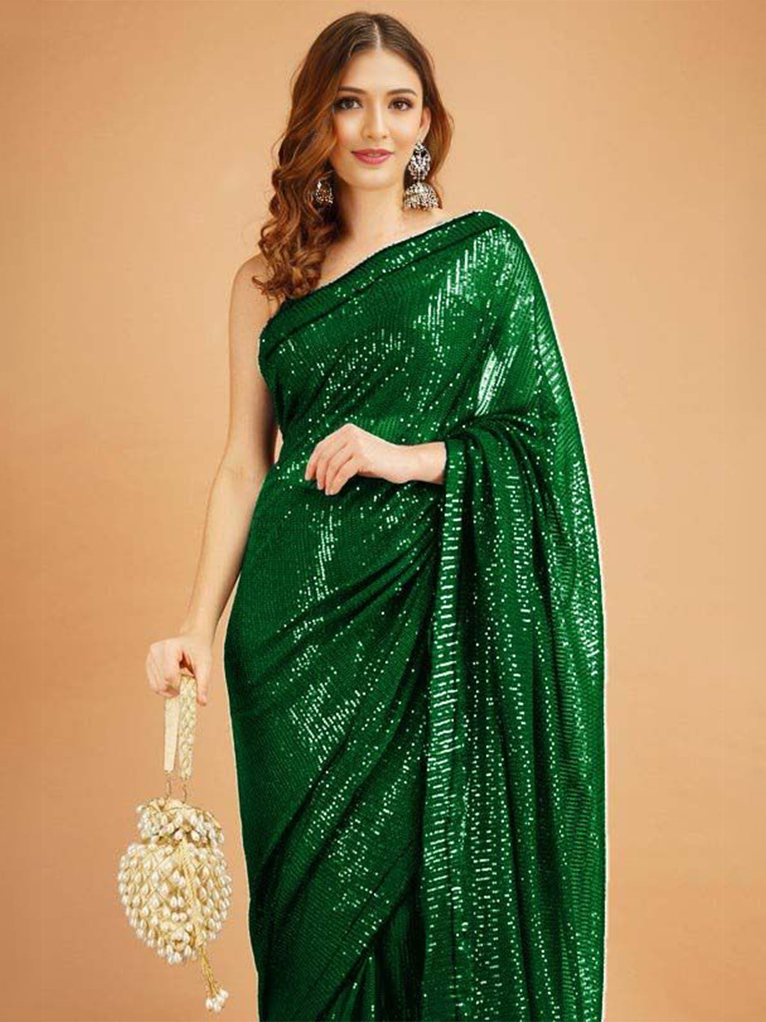 

ANJANI TEXTILE Embellished Sequinned Poly Georgette Saree, Green