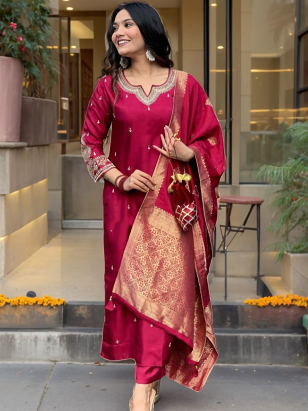 

Bhavyam Women Floral Embroidered Regular Beads and Stones Raw Silk Kurta with Trousers & With Dupatta, Maroon