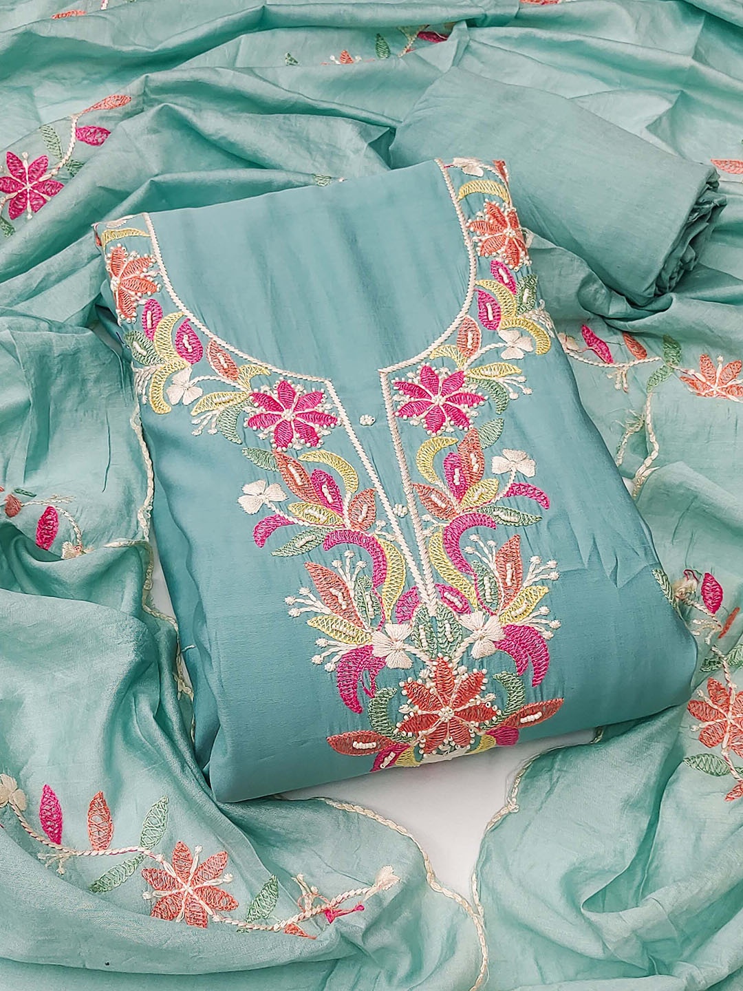 

SHADOW & SAINING Embroidered Pure Silk Semi-Stitched Dress Material, Blue