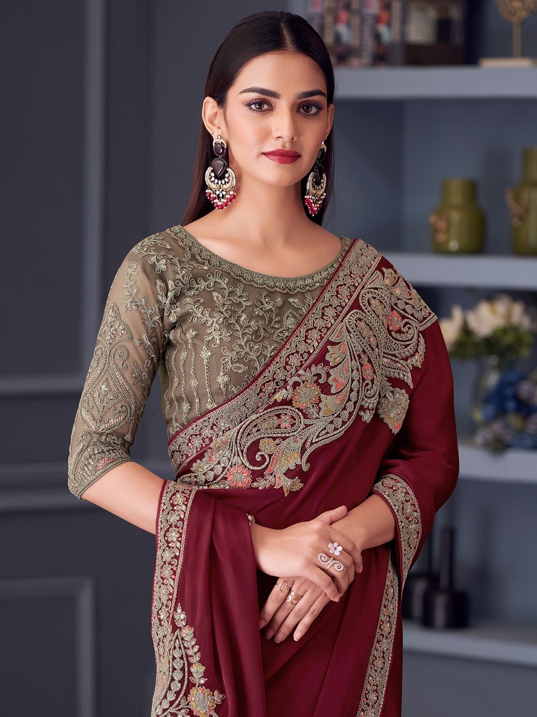 

Mitera Embellished Embroidered Satin Designer Saree, Maroon