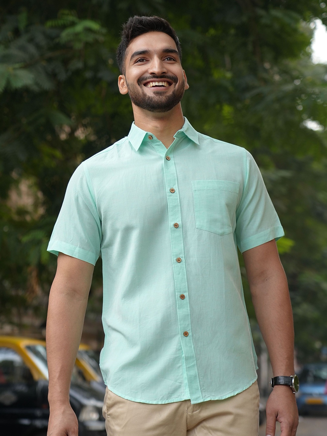 

Earthy Route Men Comfort Opaque Formal Shirt, Green
