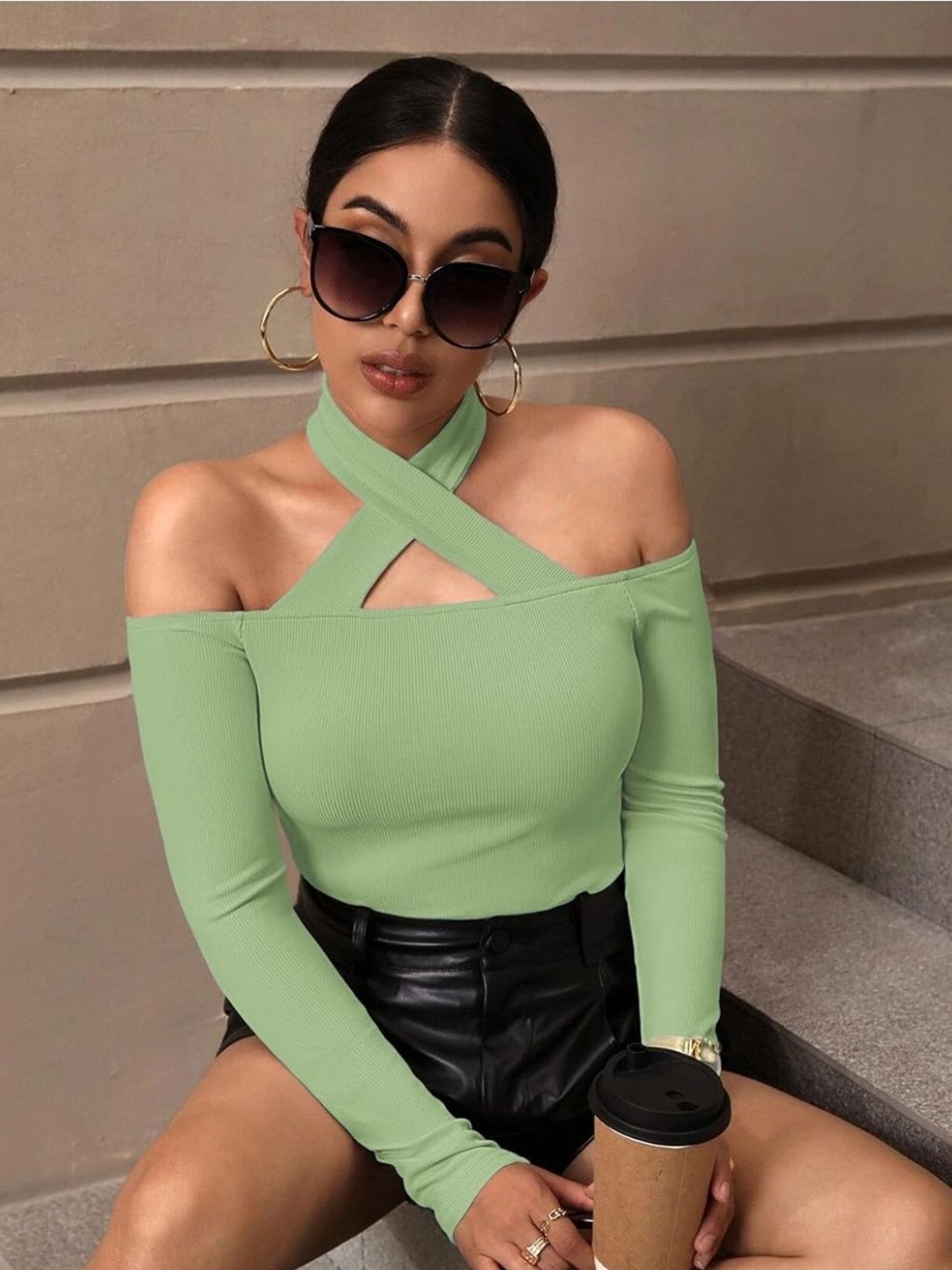 

TRENDY ERA Halter Neck Cotton Crop Top, Lime green