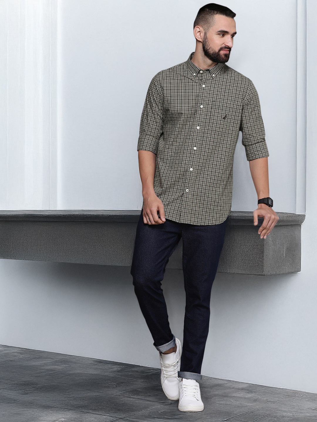 

Nautica Pure Cotton Classic Opaque Checked Casual Shirt, Grey