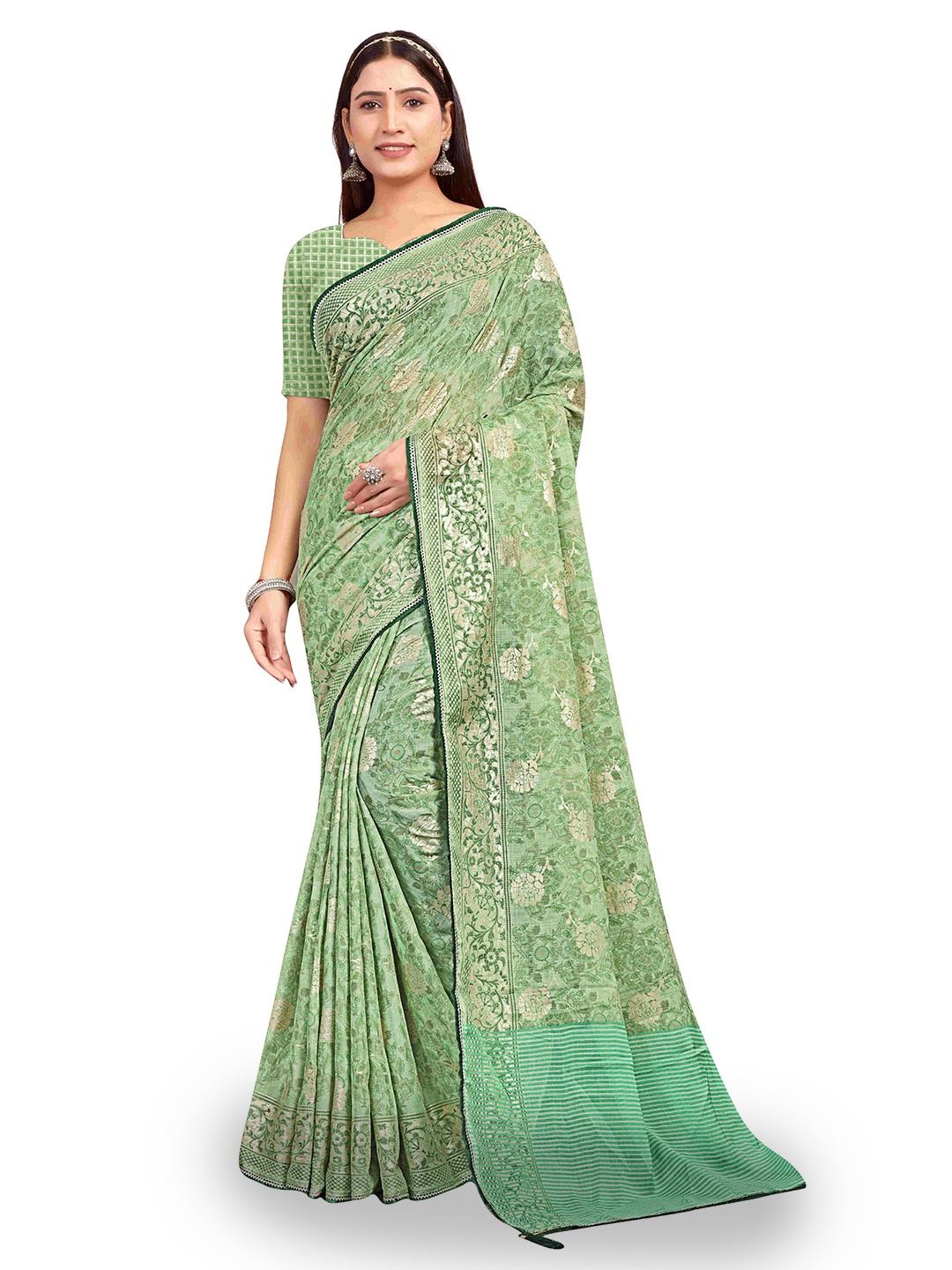 

shree krishna fashion Floral Art Silk Saree, Green