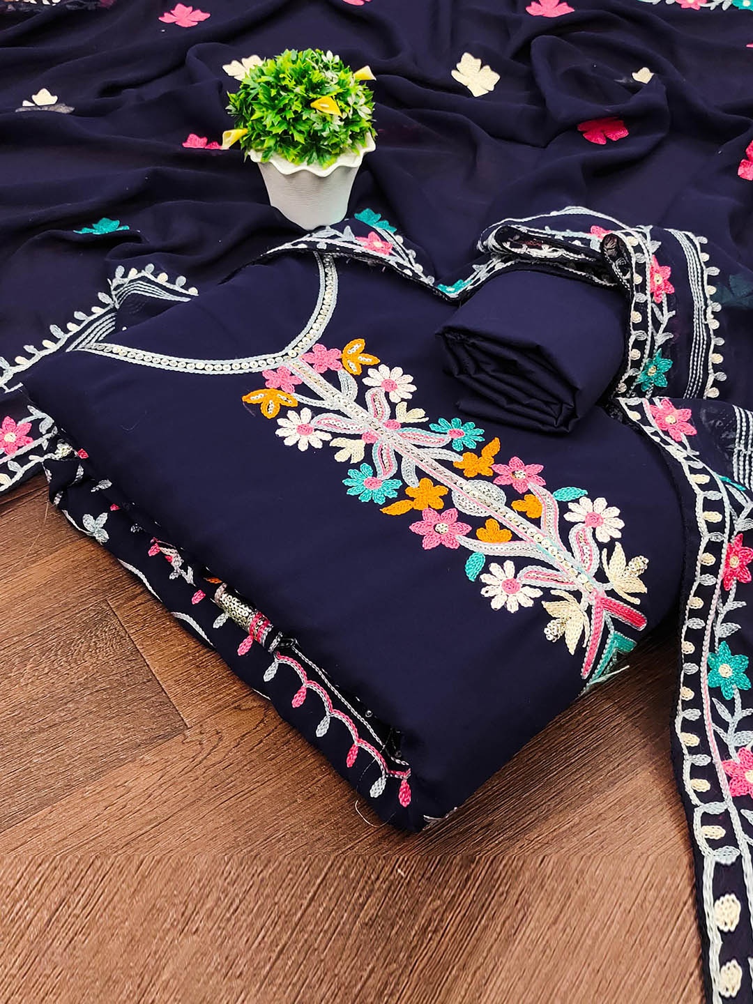 

SHADOW & SAINING Embroidered Silk Georgette Unstitched Dress Material, Blue