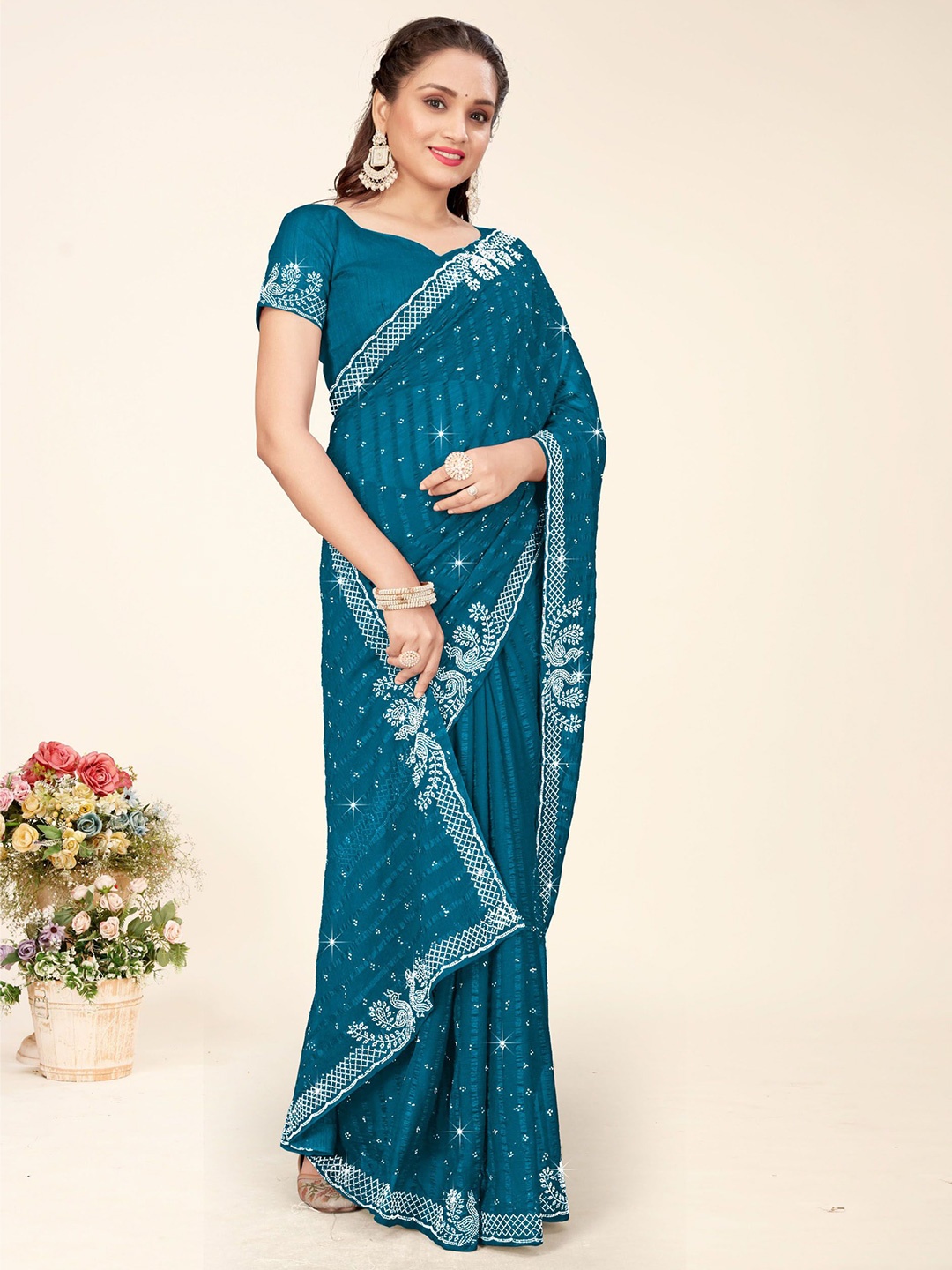 

KEERAT FASHION Embellished Beads and Stones Poly Georgette Chanderi Saree, Blue