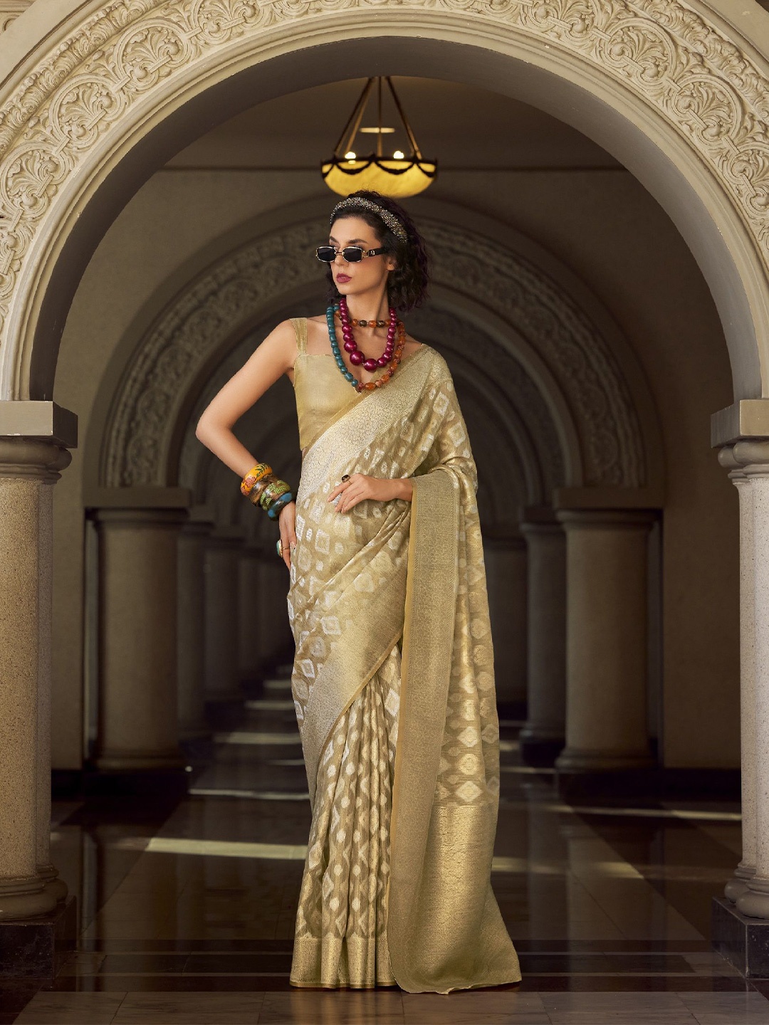 

MAHALASA Woven Design Zari Art Silk Banarasi Saree, Beige