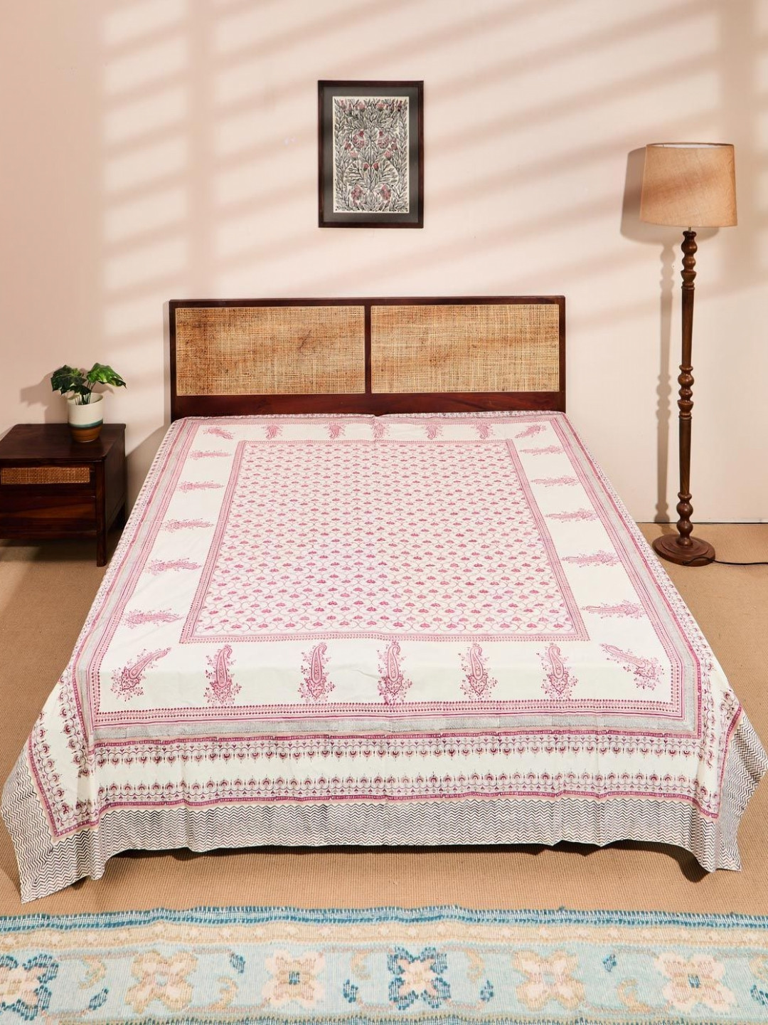 

Fabindia Pink & White Printed Cotton Double King Bed Cover
