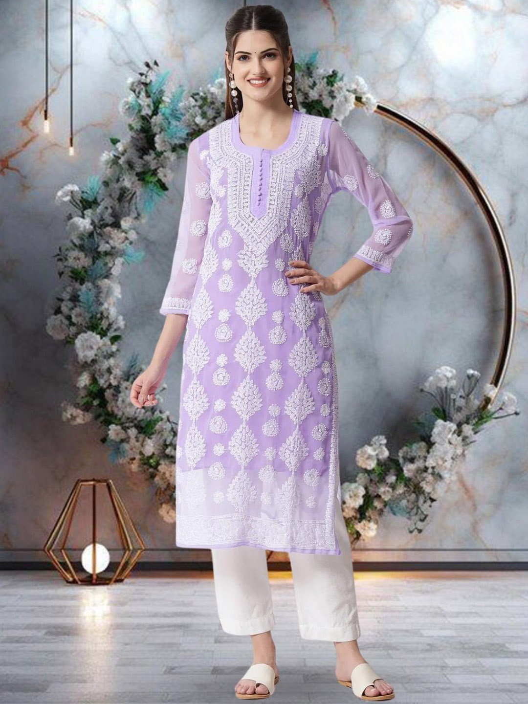 

PARAMOUNT CHIKAN Women Ethnic Motifs Embroidered Chikankari Floral Georgette Kurta, Mauve