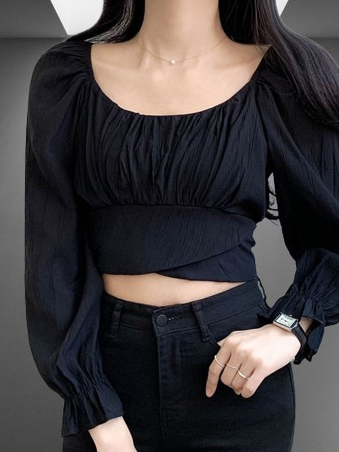 

NiloBerry Off-Shoulder Puff Sleeve Blouson Crop Top, Black