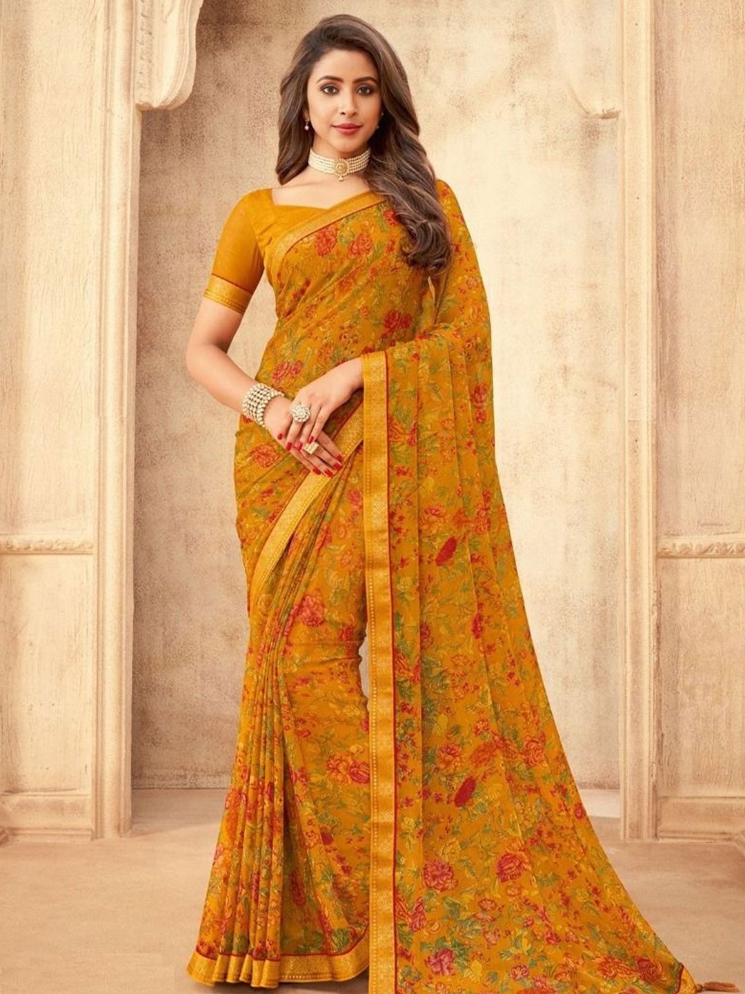 

Styleveda Floral Zari Pure Georgette Block Print Saree, Yellow