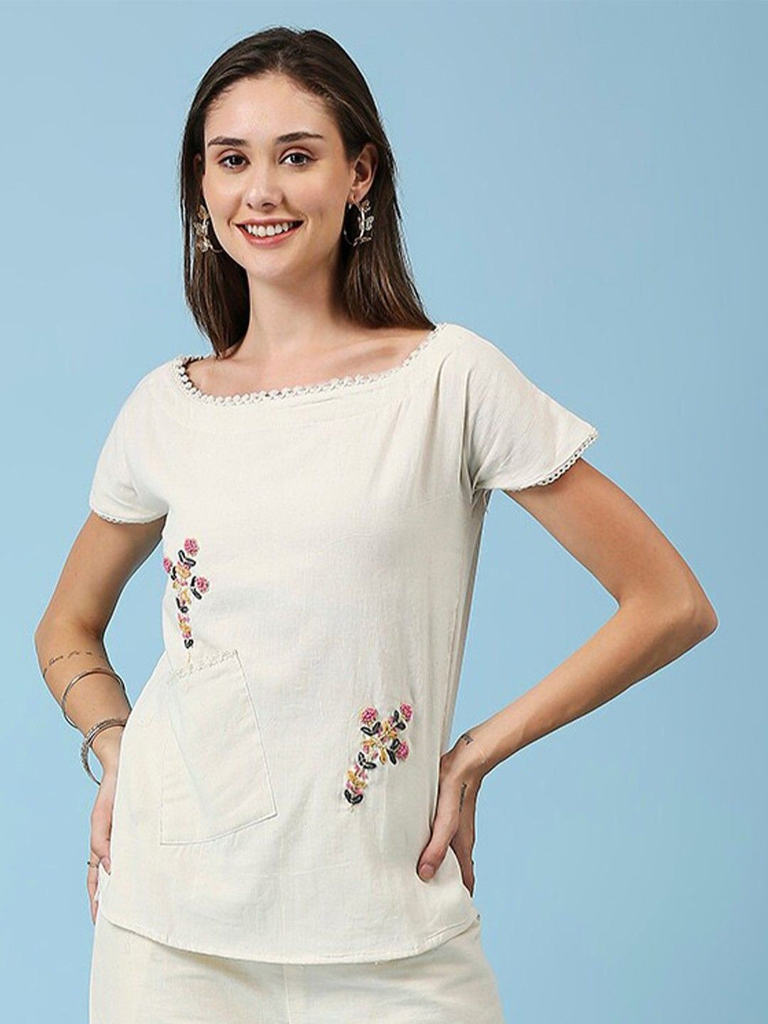 

Hitarth Fashion Women Floral Embroidered Lace Organic Cotton One Pocket Top, Off white