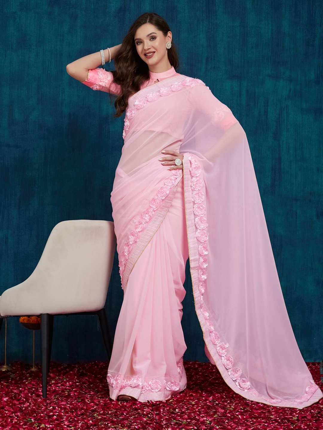 

KAVINDI Pure Georgette Saree, Rose gold