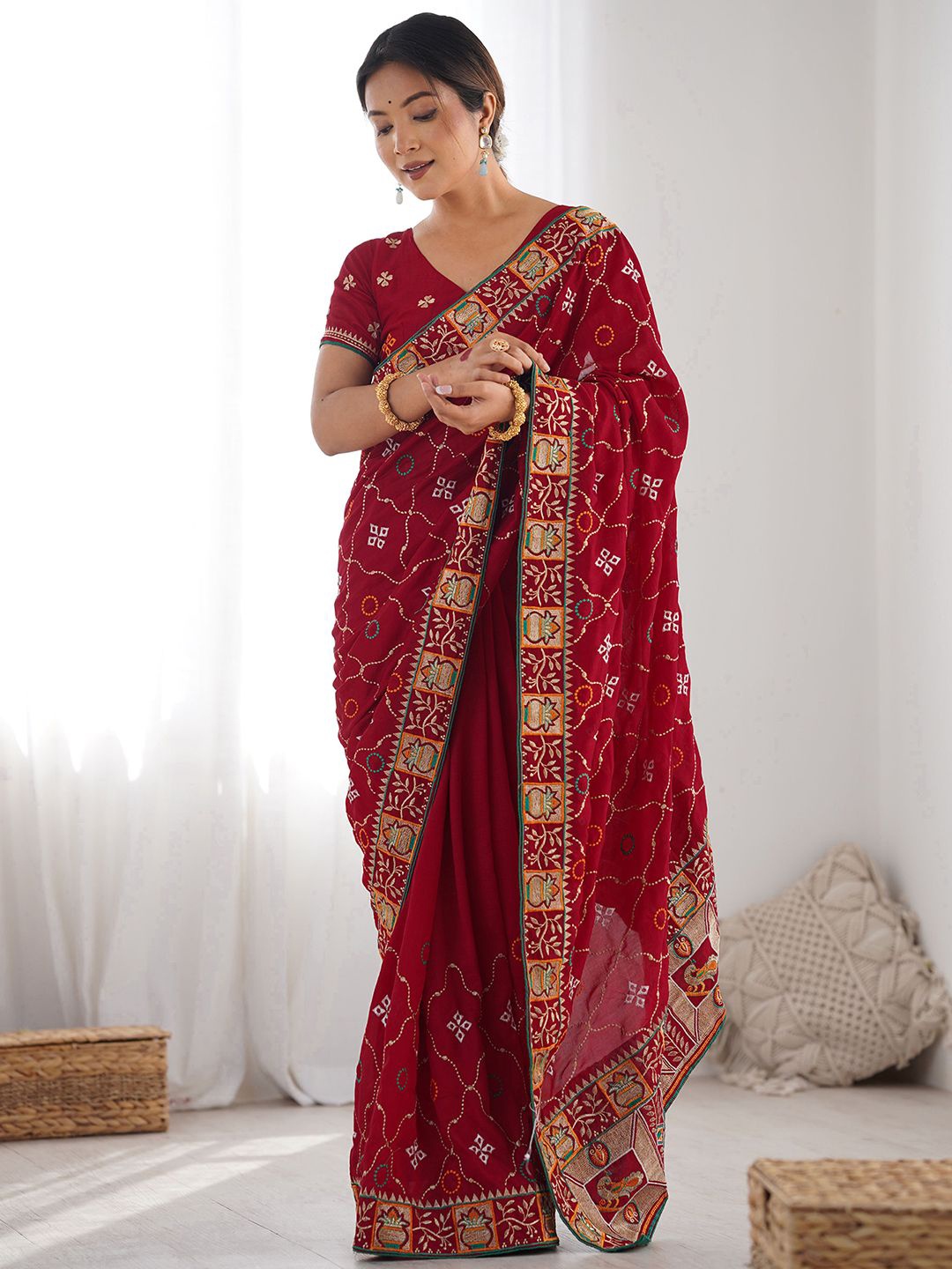 

Satrani Ethnic Motifs Embroidered Pure Silk Tussar Saree, Red