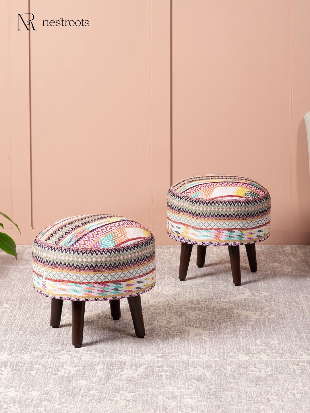 

nestroot 2-Pcs White & Orange Hues Jacquard Wooden Ottoman
