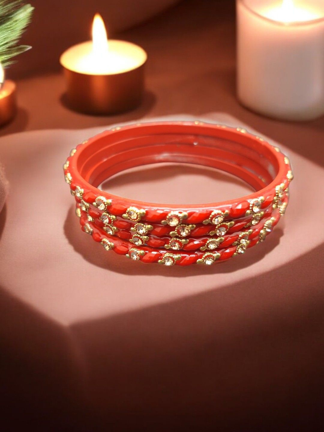 

FEMMIBELLA Set Of 4 Stone Studded Glass Bangles, Red
