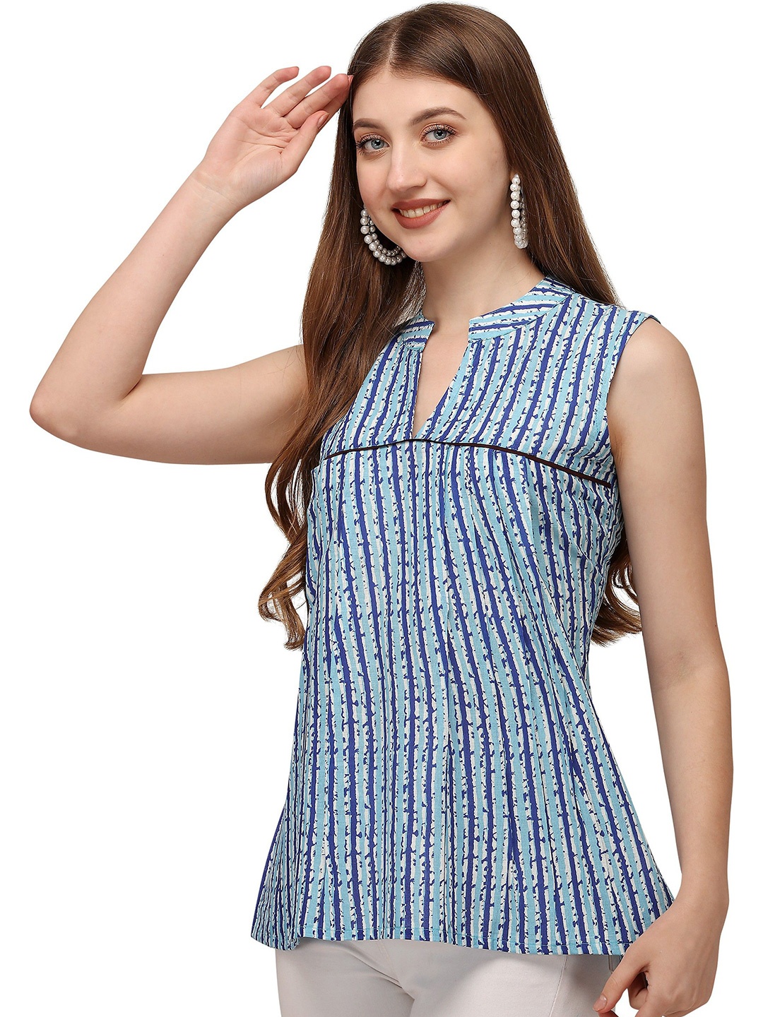 

NiloBerry Striped Mandarin Collar Cotton Crop Top, Blue