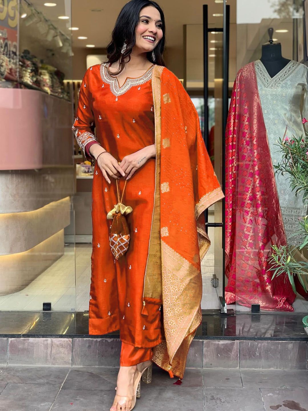 

Bhavyam Women Floral Embroidered Regular Kurta with Trousers & With Dupatta, Orange