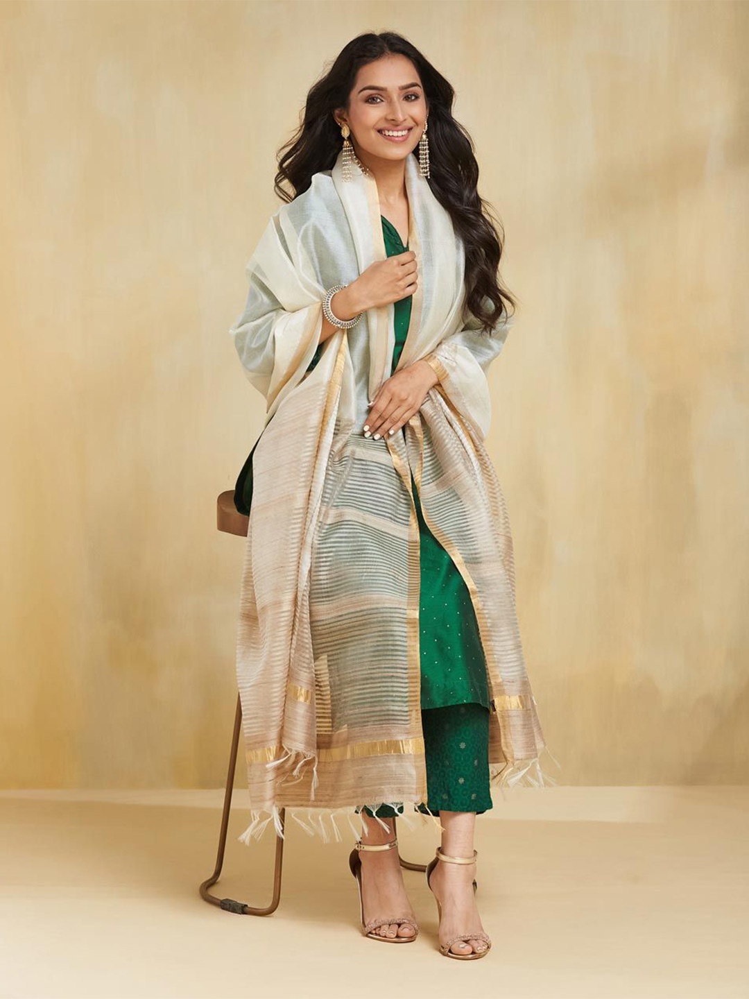

Fabindia Woven Design Dupatta with Zari, Off white