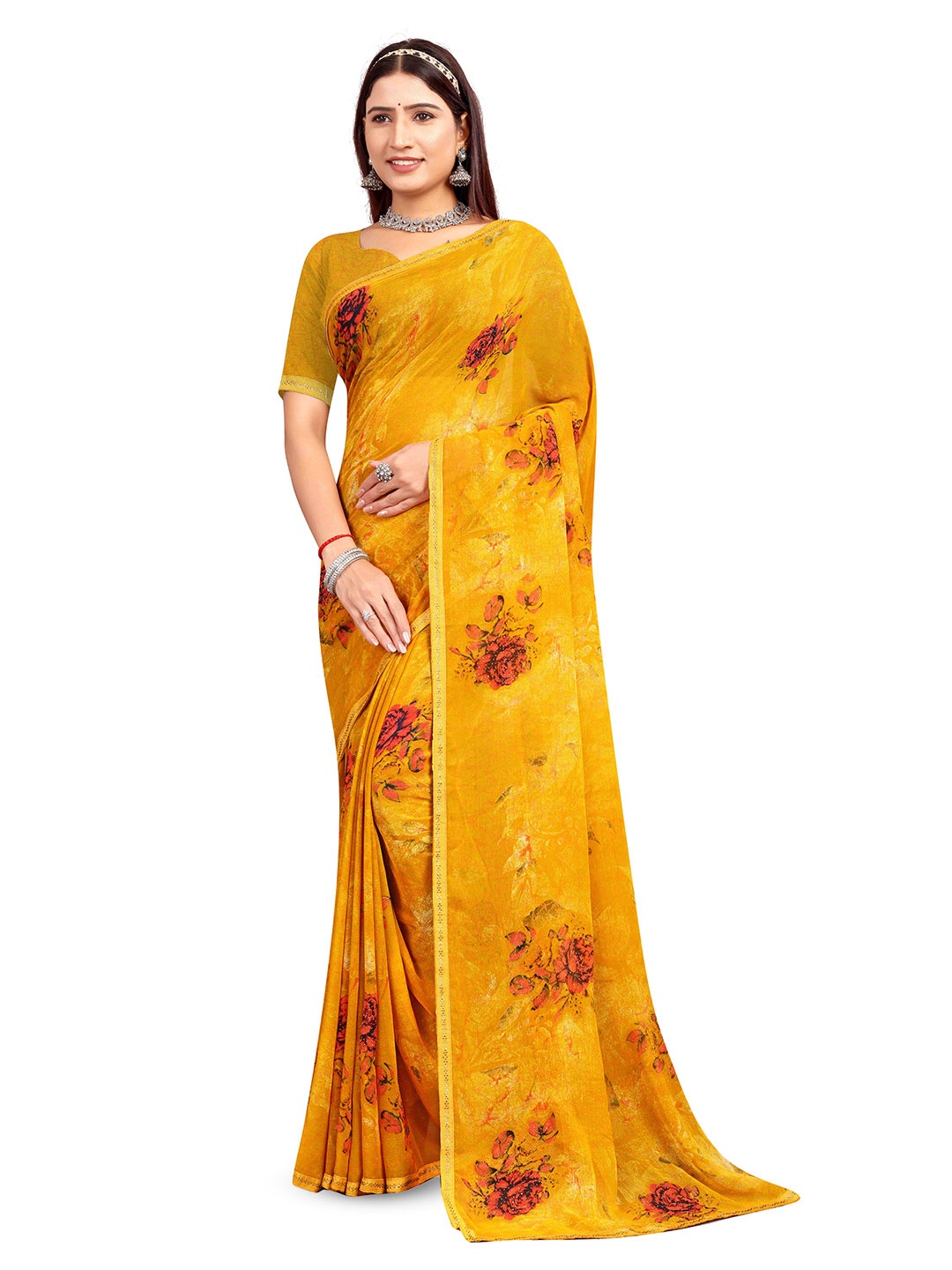 

shree krishna fashion Floral Beads and Stones Art Silk Saree, Yellow