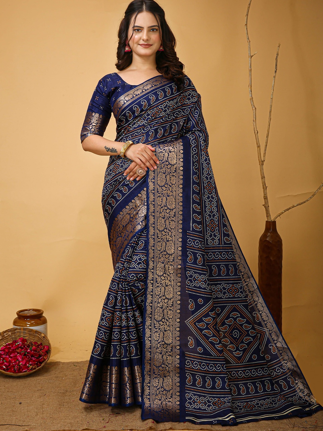 

HERE&NOW Bandhani Zari Silk Cotton Kanjeevaram Saree, Blue